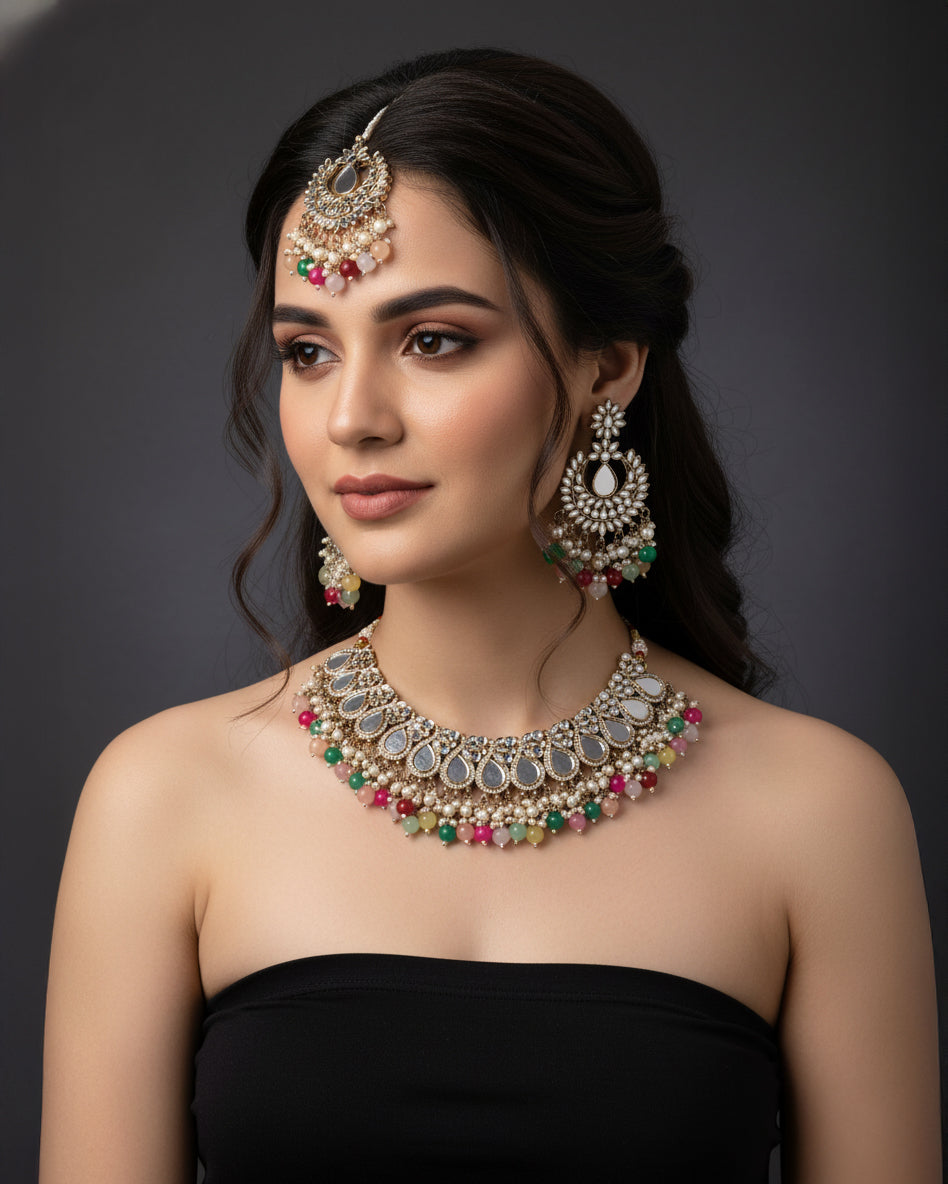 Multi Sehnaz Mirror Necklace Earring & Maangteeka