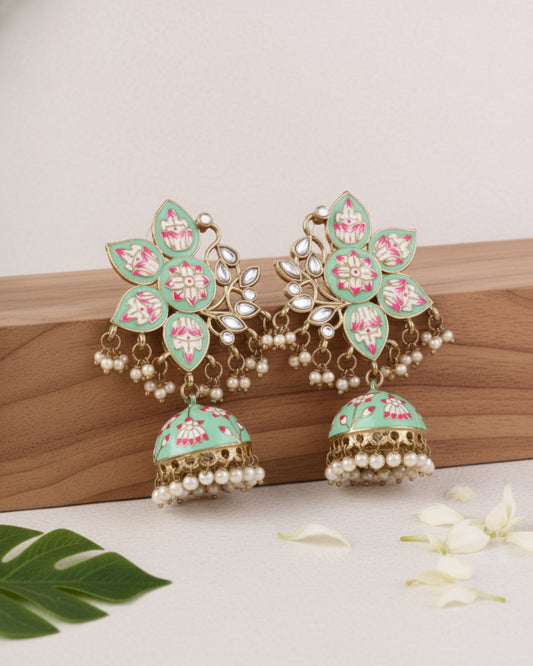 Mint Green Mrinalini Lotus Meenakari Jhumki
