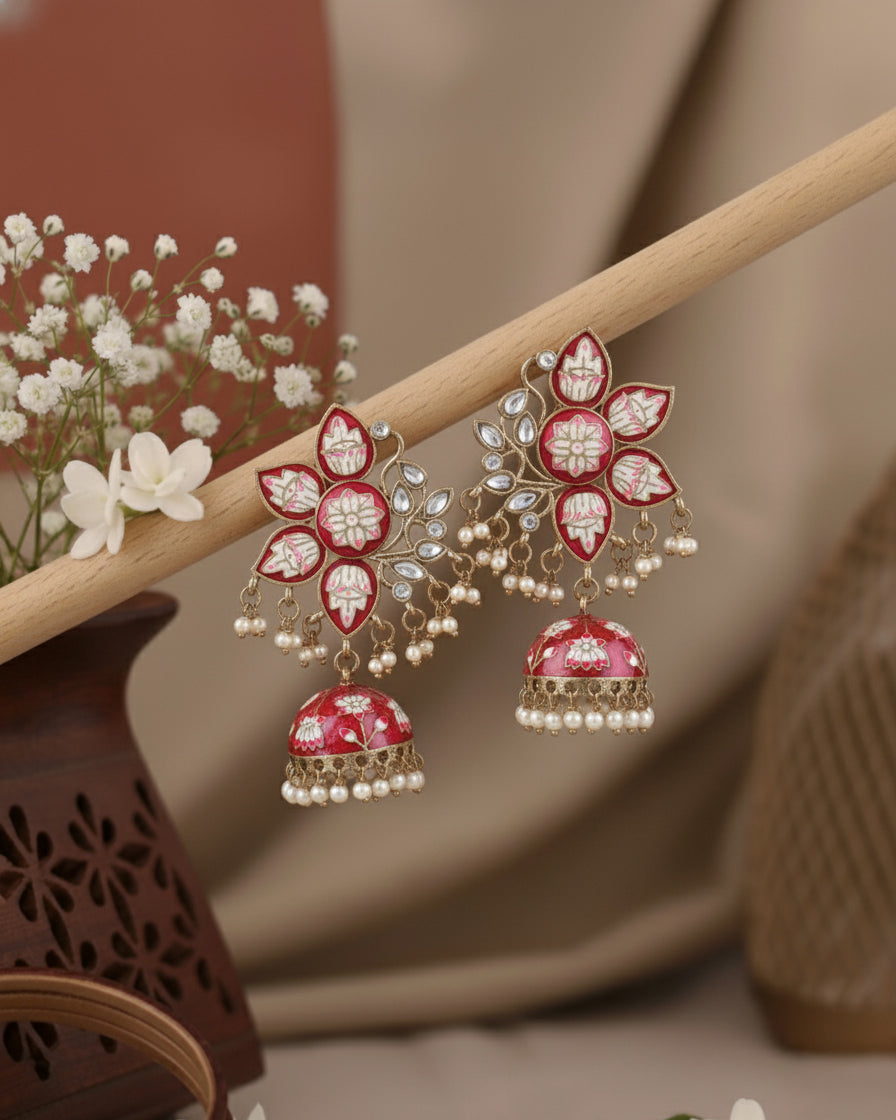 Dark Pink Mrinalini Lotus Meenakari Jhumki
