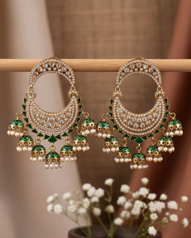 Green Anvika Desginer Meenakari Chandbali Jhumki Earring