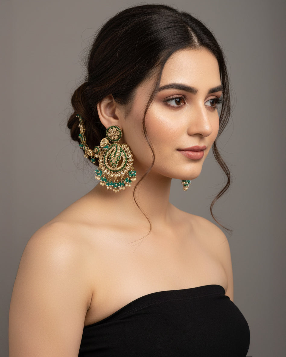 Teal Green Arajashree Bahubali Chandbali with Sahara