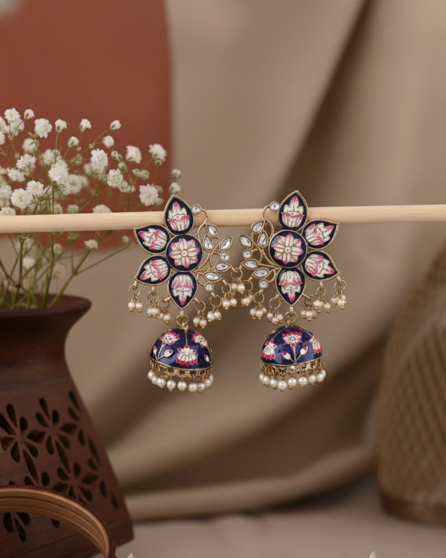 Dark Blue Mrinalini Lotus Meenakari Jhumki