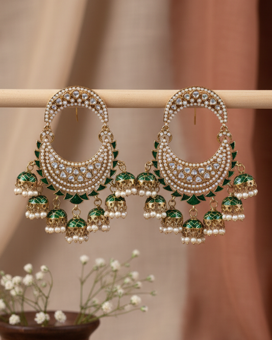 Green Anvika Desginer Meenakari Chandbali Jhumki Earring