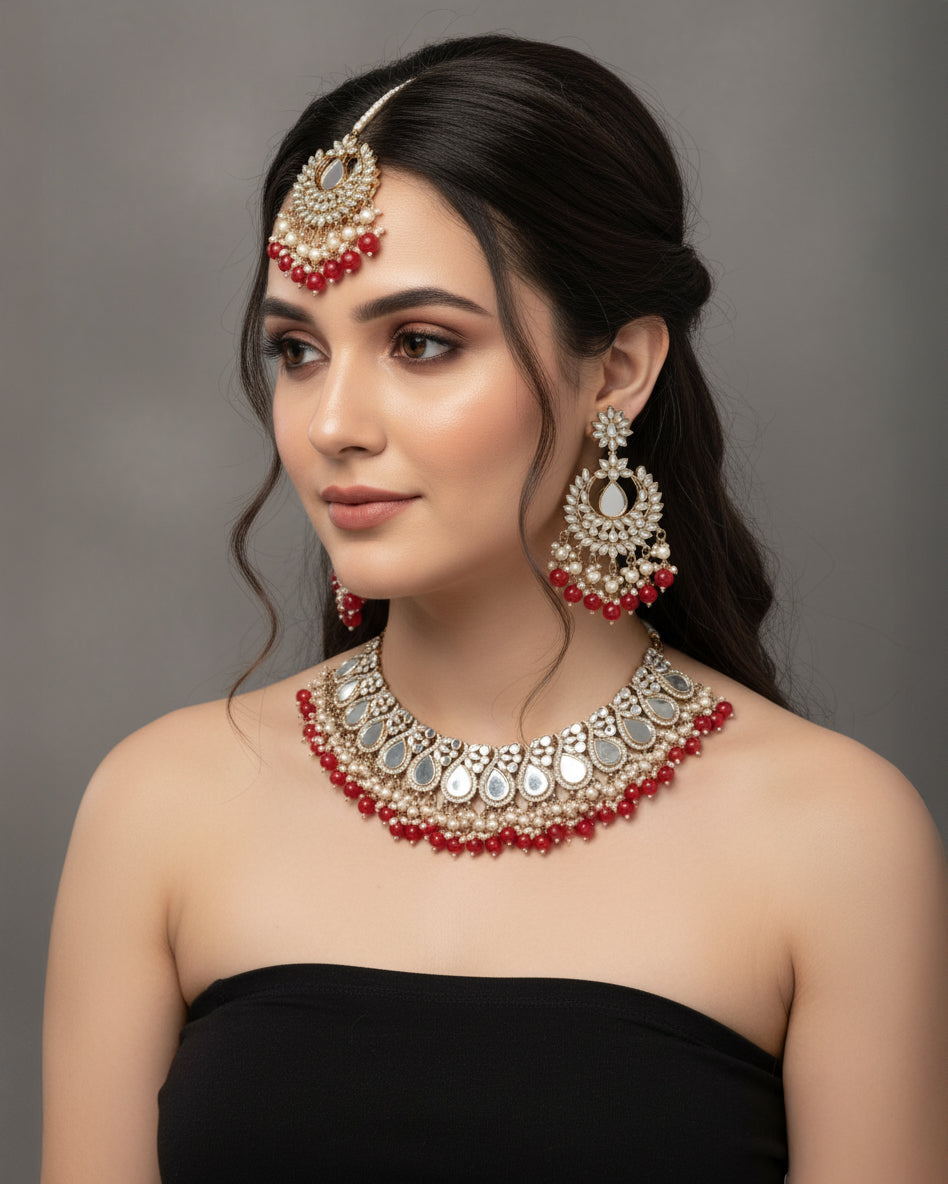 Red Sehnaz Mirror Necklace Earring & Maangteeka
