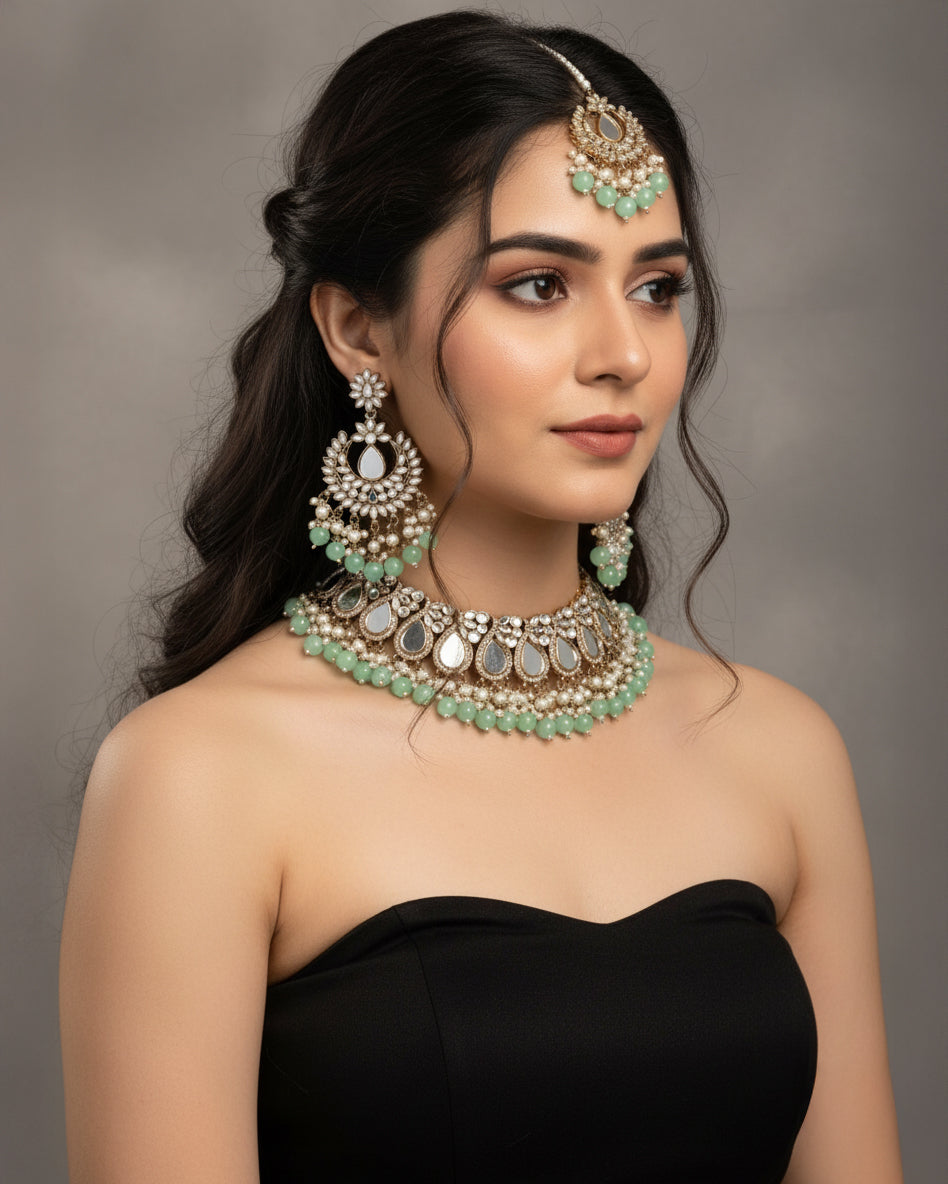 Mint Sehnaz Mirror Necklace Earring & Maangteeka