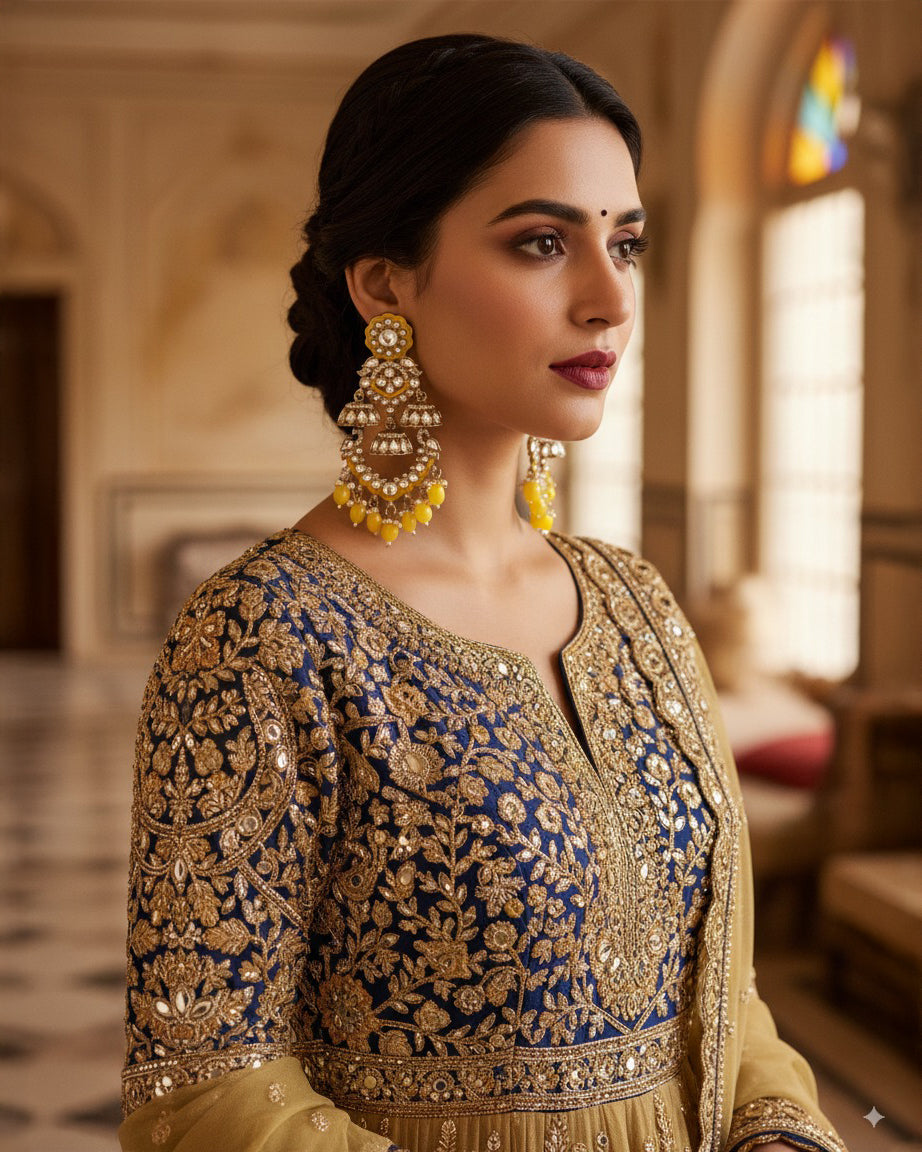 Yellow Taha Meenakari Zircon Jhumki Earring