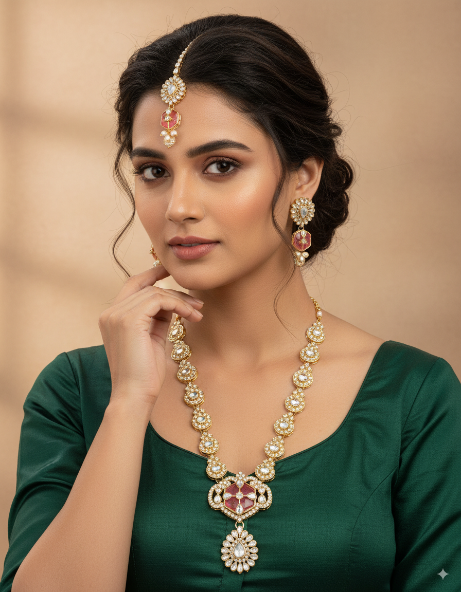 Red Vrinda Long Necklace Set with Earring and Teeka