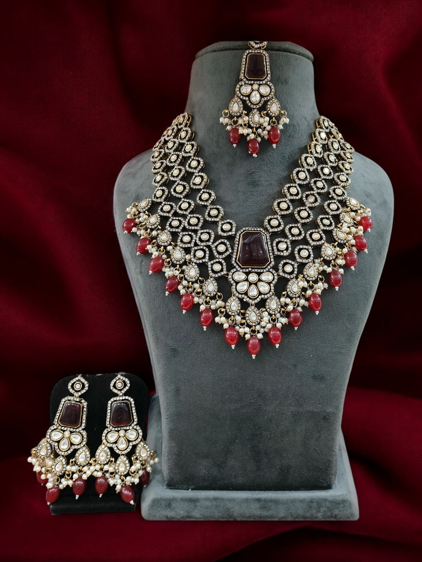 Dark Red Arizona Premium Monalisa Layered Necklace Set with Earring and Teeka