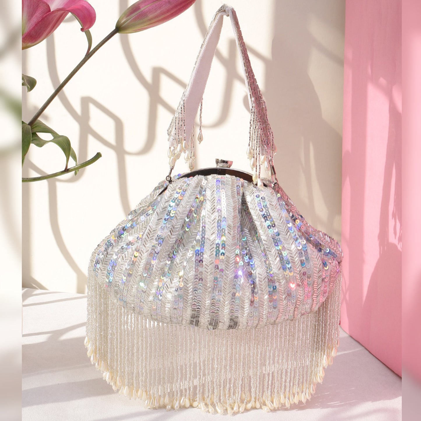 Silver Martina Premium Sequin Detailed Clutch Bag