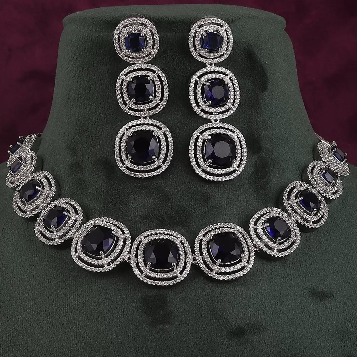 Blue Beatrice American Diamond Necklace Set
