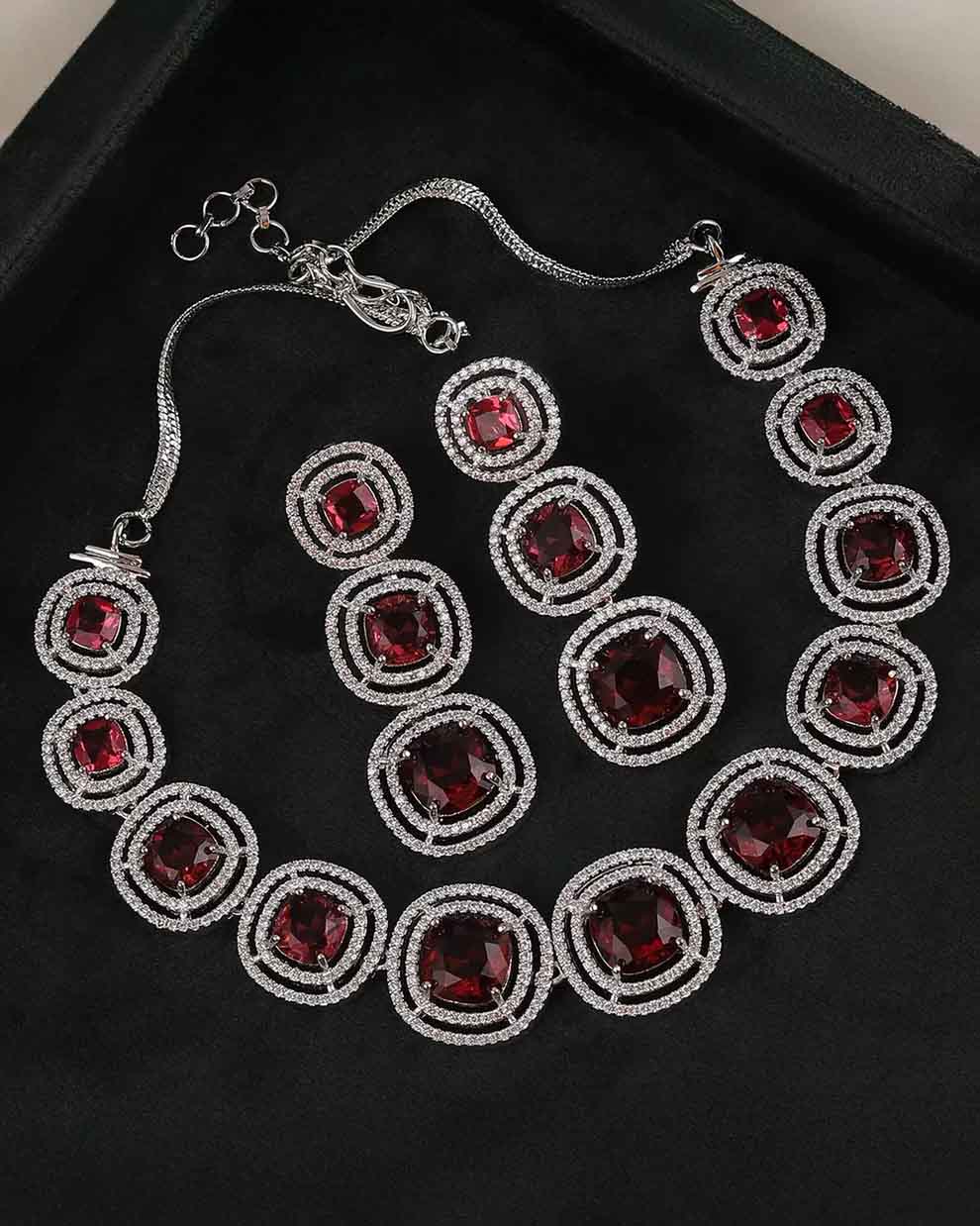 Wine Beatrice American Diamond Necklace Set