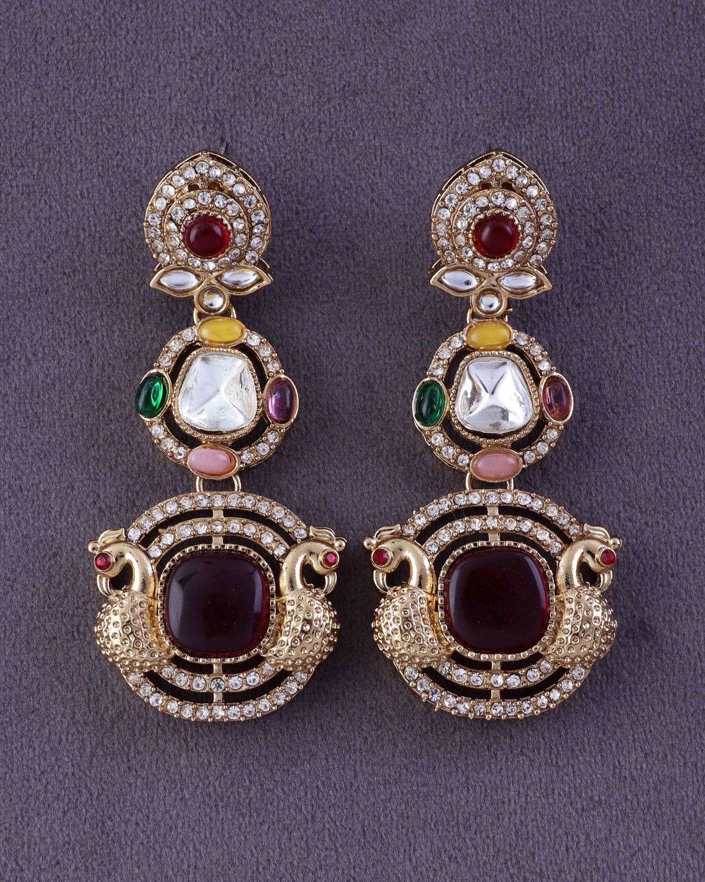Maroon Sifat Premium Designer Zircone Polki Dupe Earring