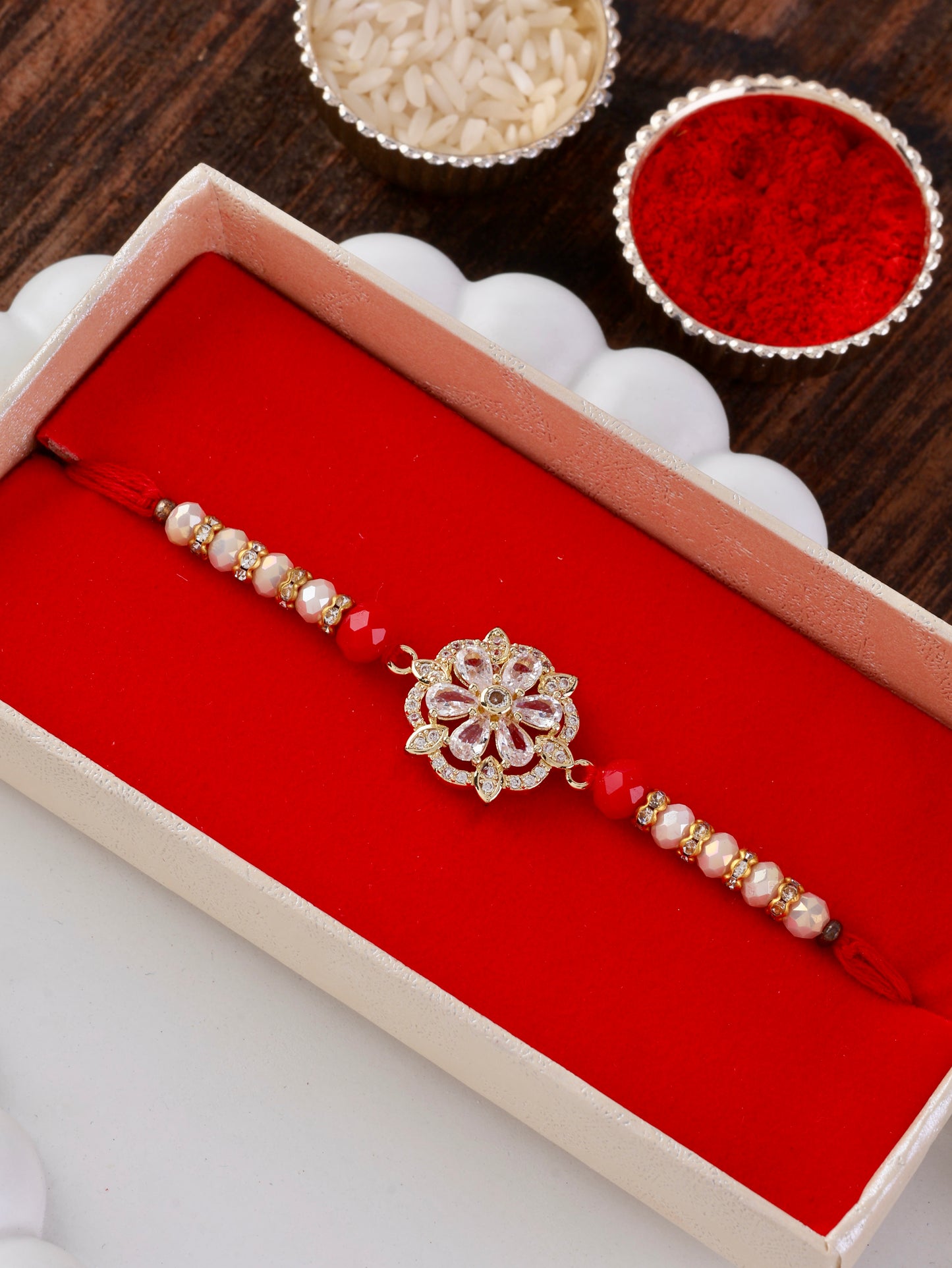 Diamond Rakhi Bracelet with Premium Box and Tilak Set