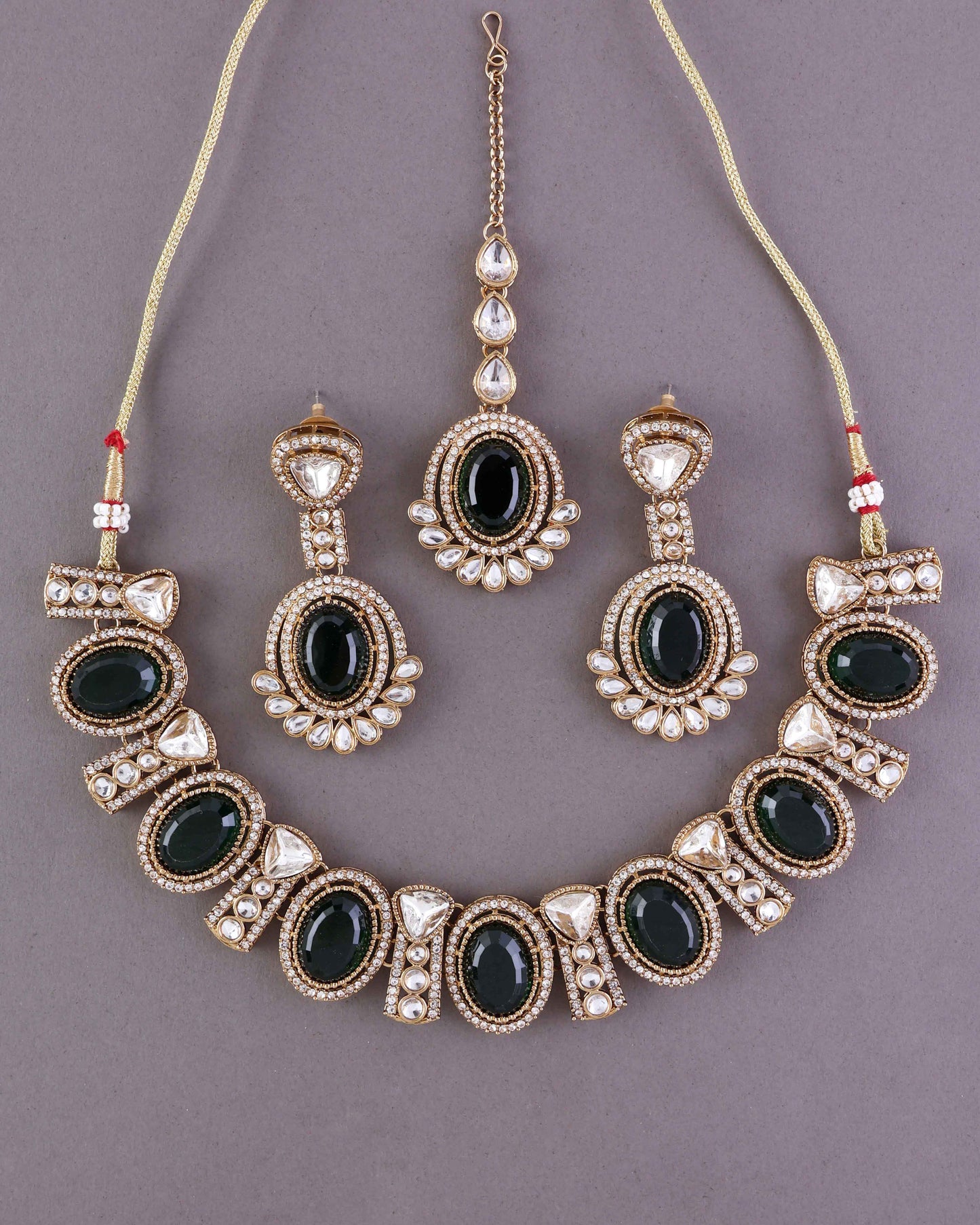 Emerald Taruja Premium Polki Dupe Necklace with Earring and Mangteeka