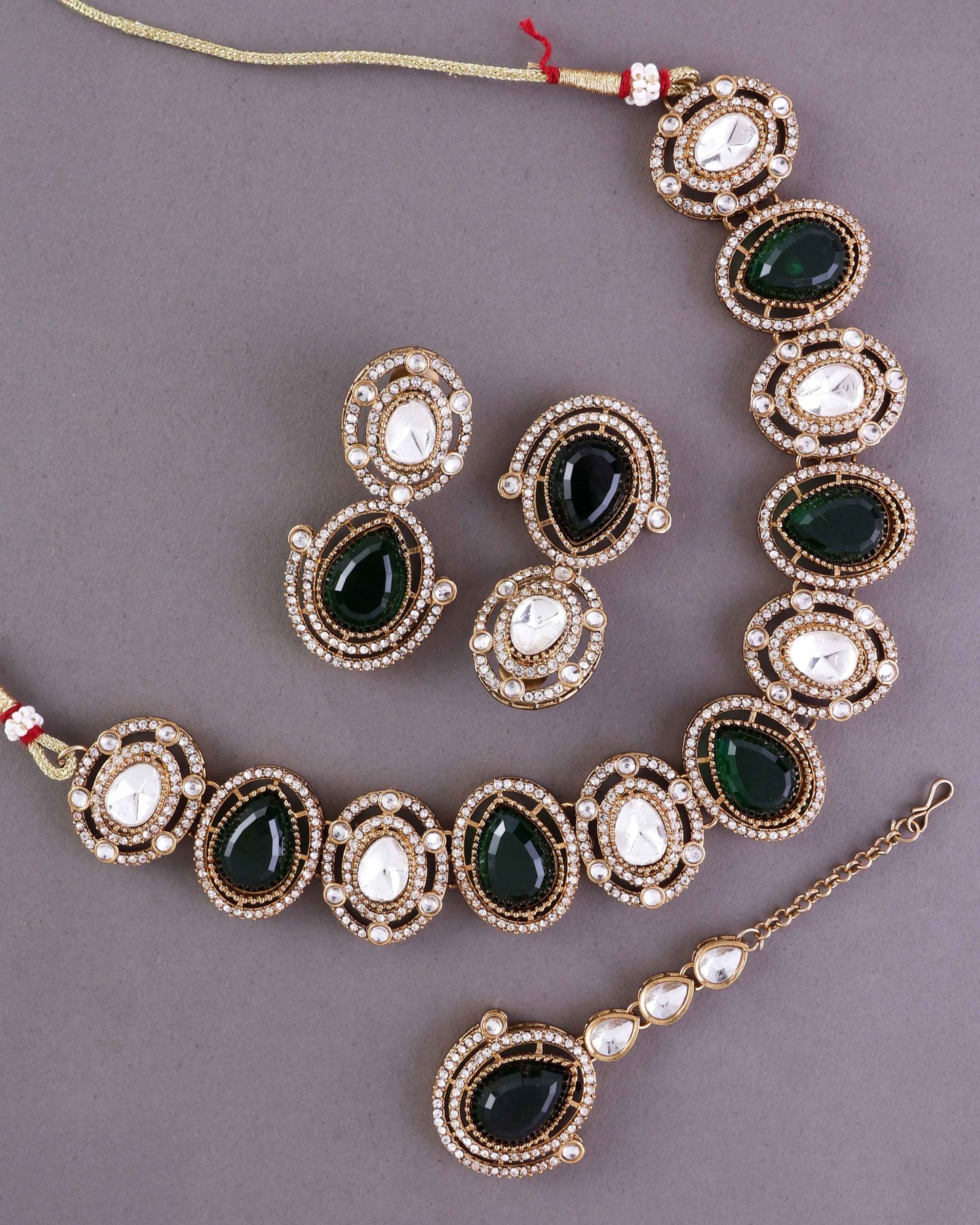 Emerald Hania Premium Polki Dupe Necklace with Earring and Mangteeka
