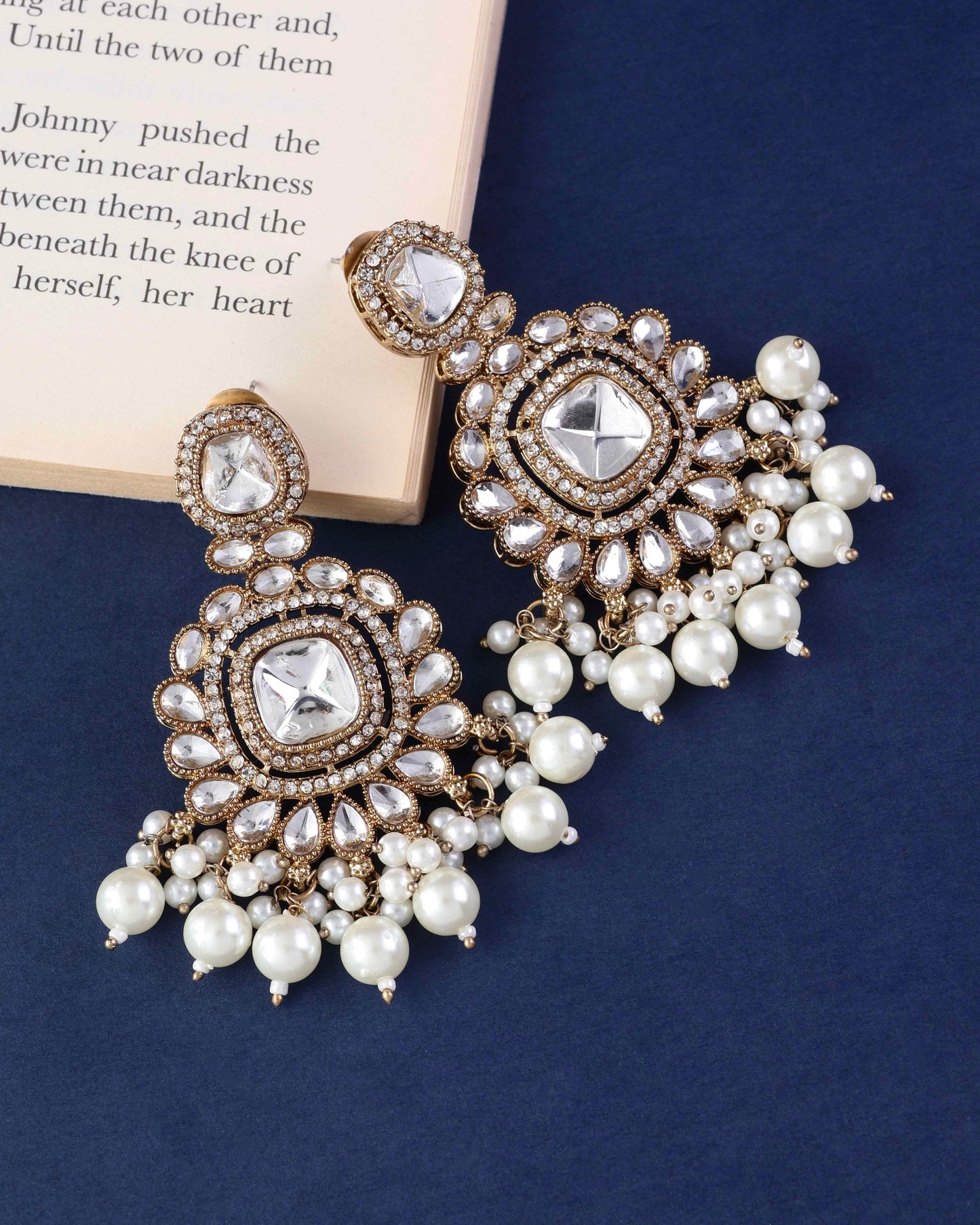 Jasraj Premium Zircone Polki Dupe Pearl Necklace with Earring and Teeka