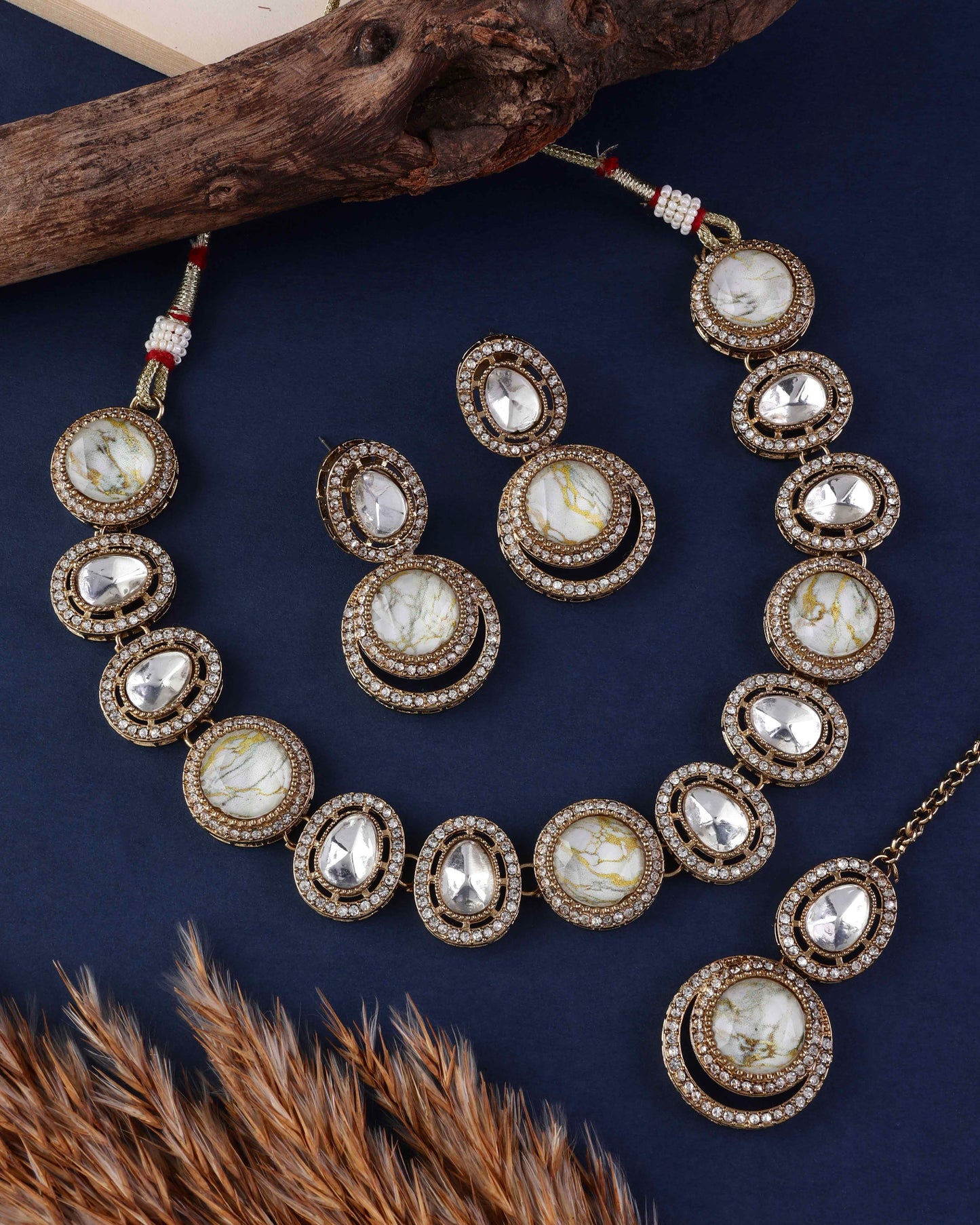 Ivory Abir Premium Polki Dupe Necklace with Earring and Teeka