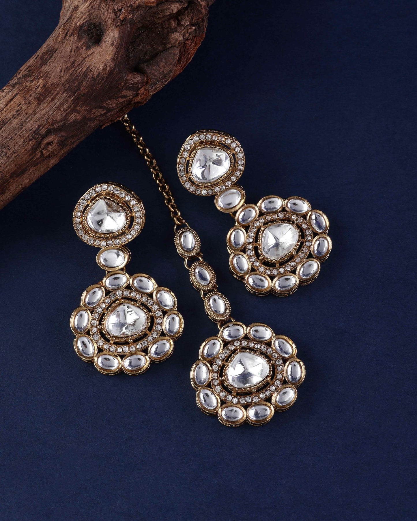 Meghana Premium Polki Dupe Necklace with Earring and Teeka