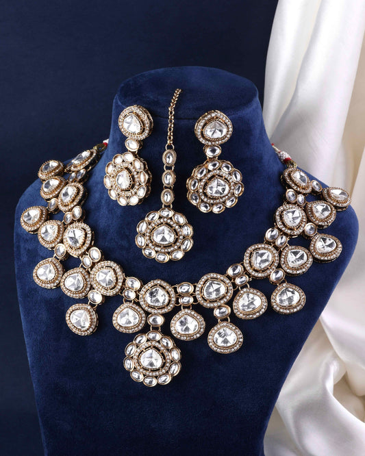 Meghana Premium Polki Dupe Necklace with Earring and Teeka