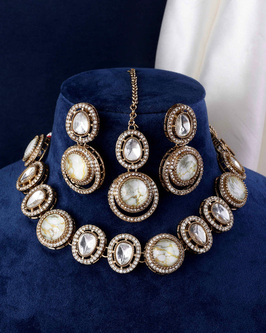Ivory Abir Premium Polki Dupe Necklace with Earring and Teeka