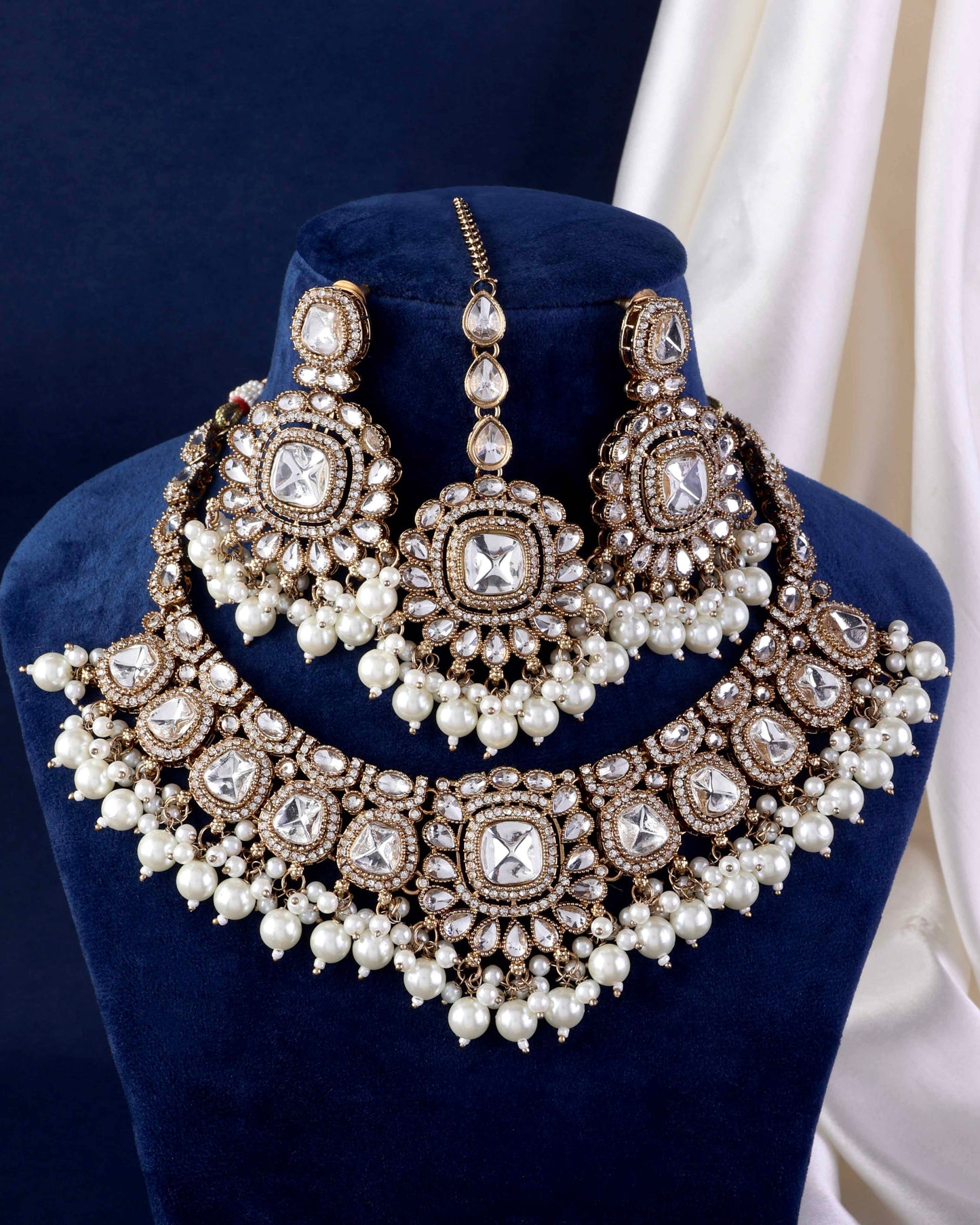 Jasraj Premium Zircone Polki Dupe Pearl Necklace with Earring and Teeka