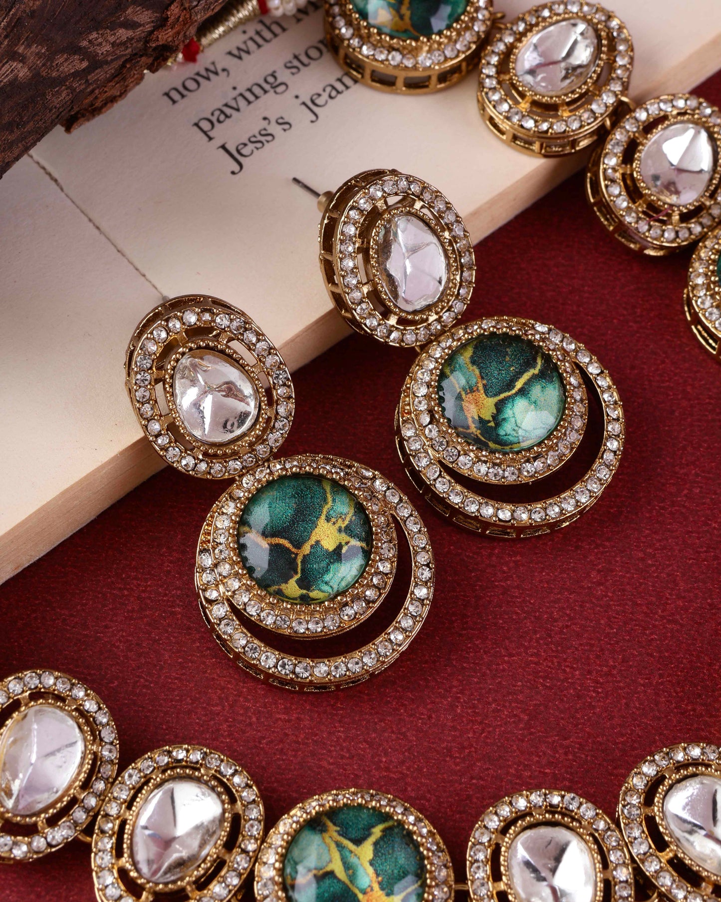 Green Abir Premium Polki Dupe Necklace with Earring and Teeka
