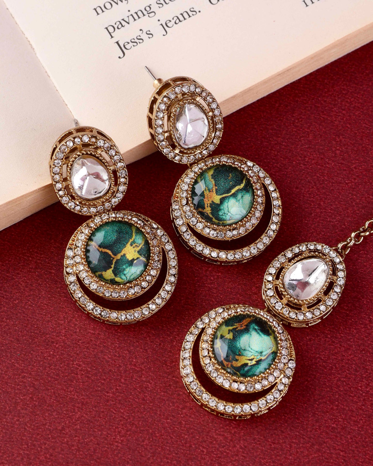 Green Abir Premium Polki Dupe Necklace with Earring and Teeka