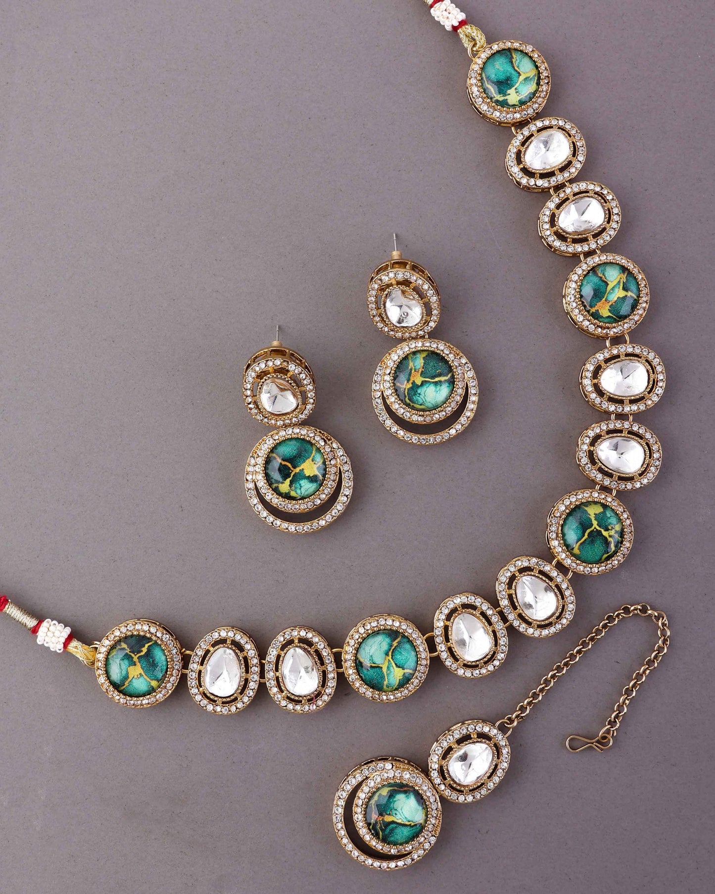 Green Abir Premium Polki Dupe Necklace with Earring and Teeka