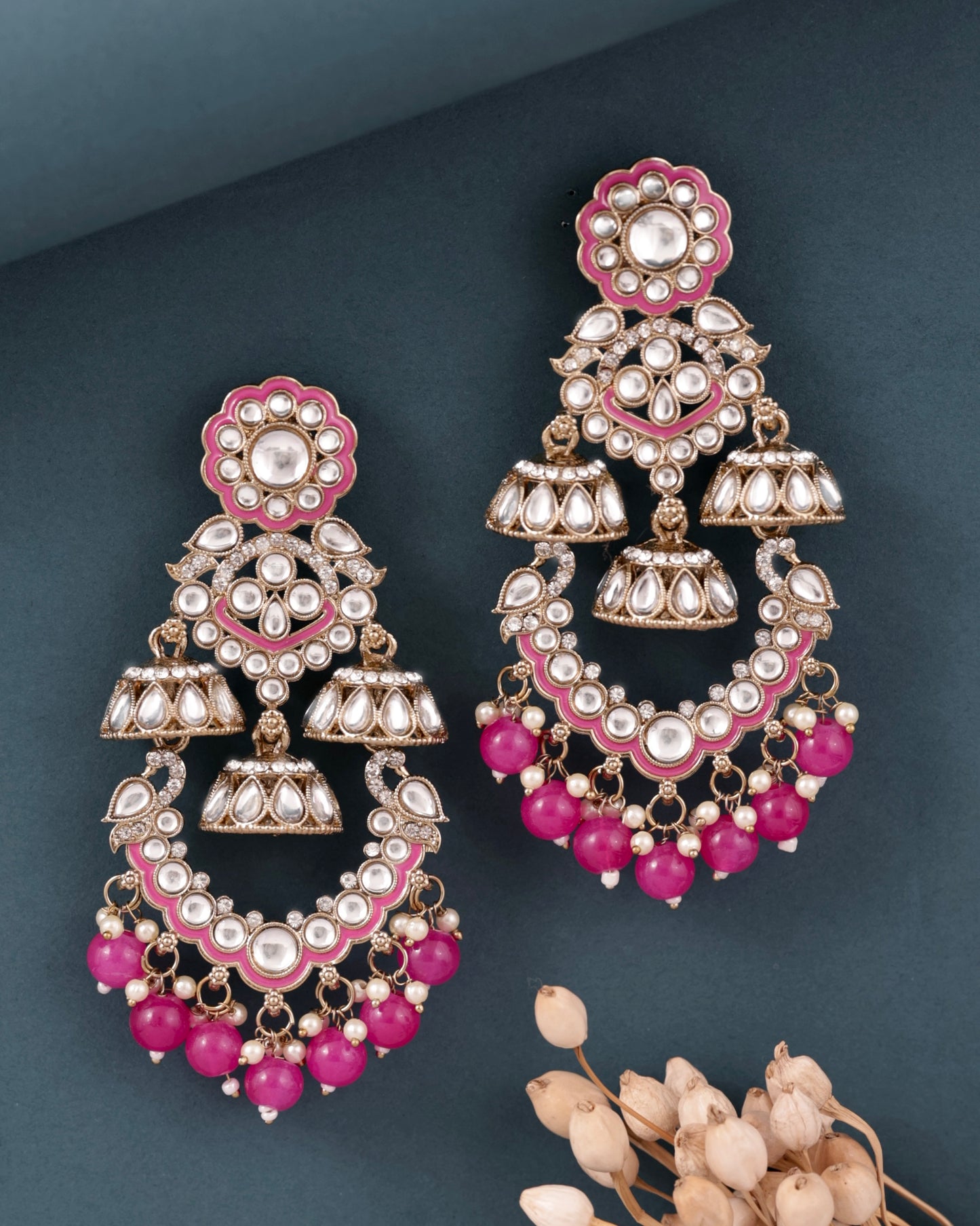 Pink Taha Meenakari Zircon Jhumki Earring