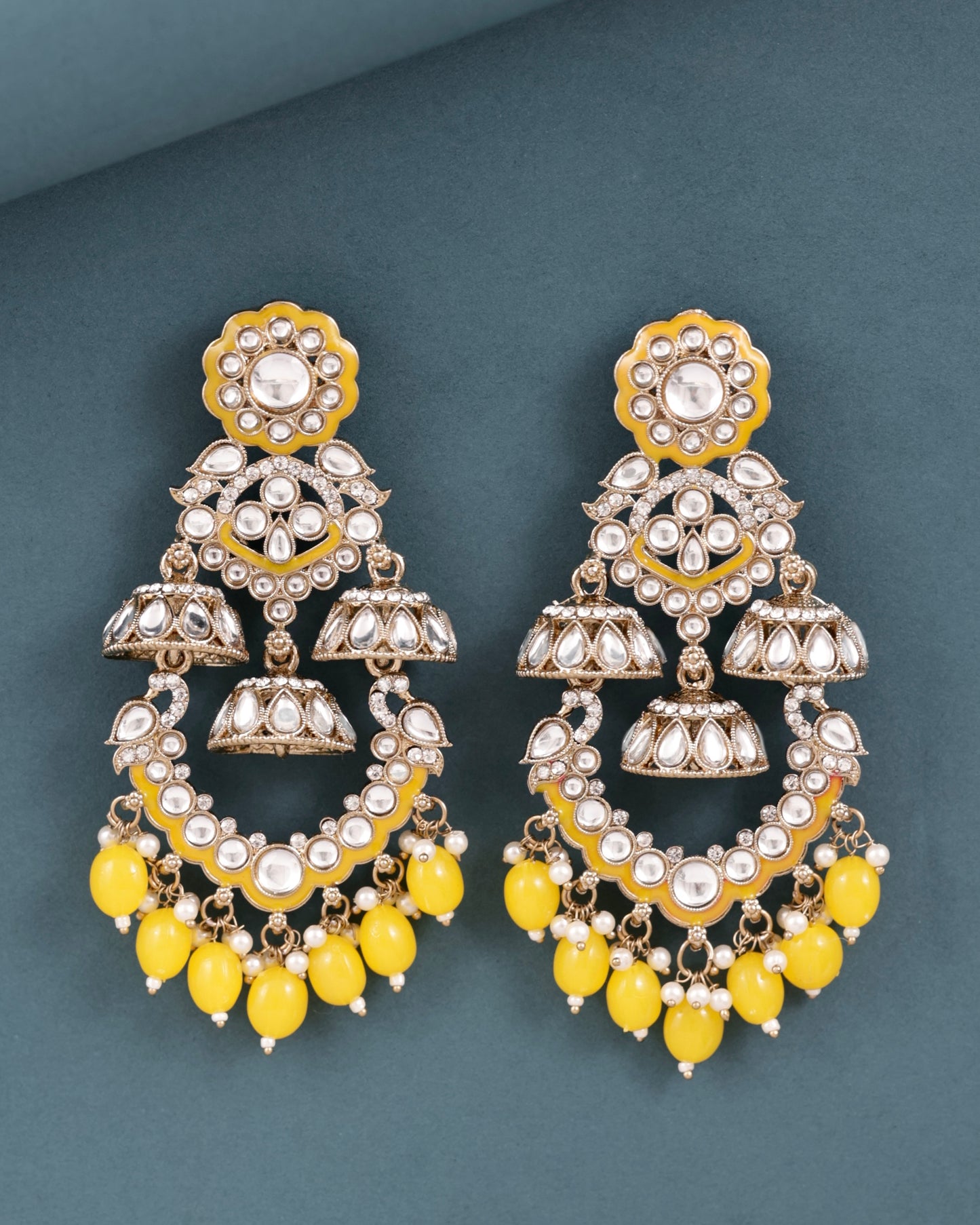 Yellow Taha Meenakari Zircon Jhumki Earring