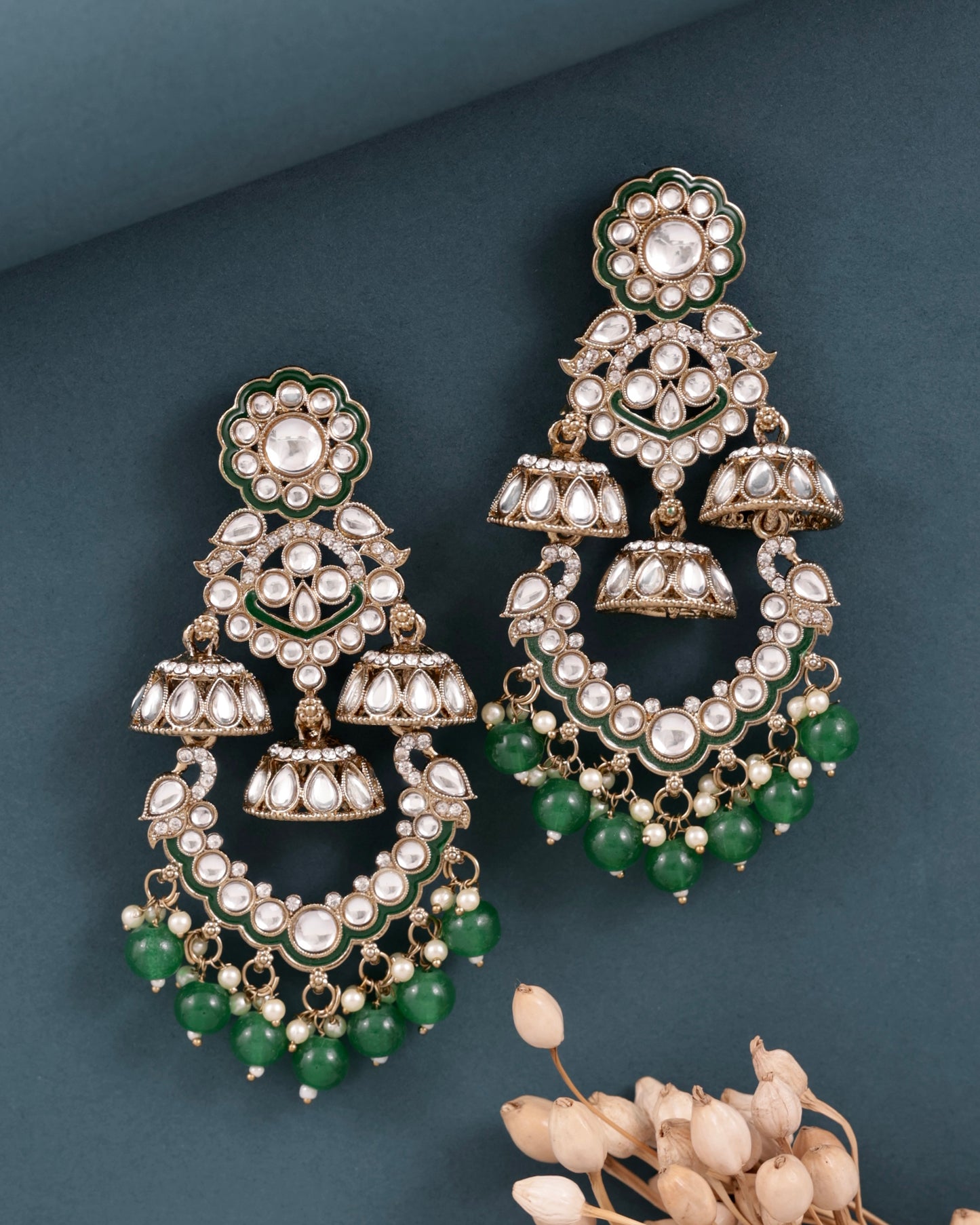 Green Taha Meenakari Zircon Jhumki Earring