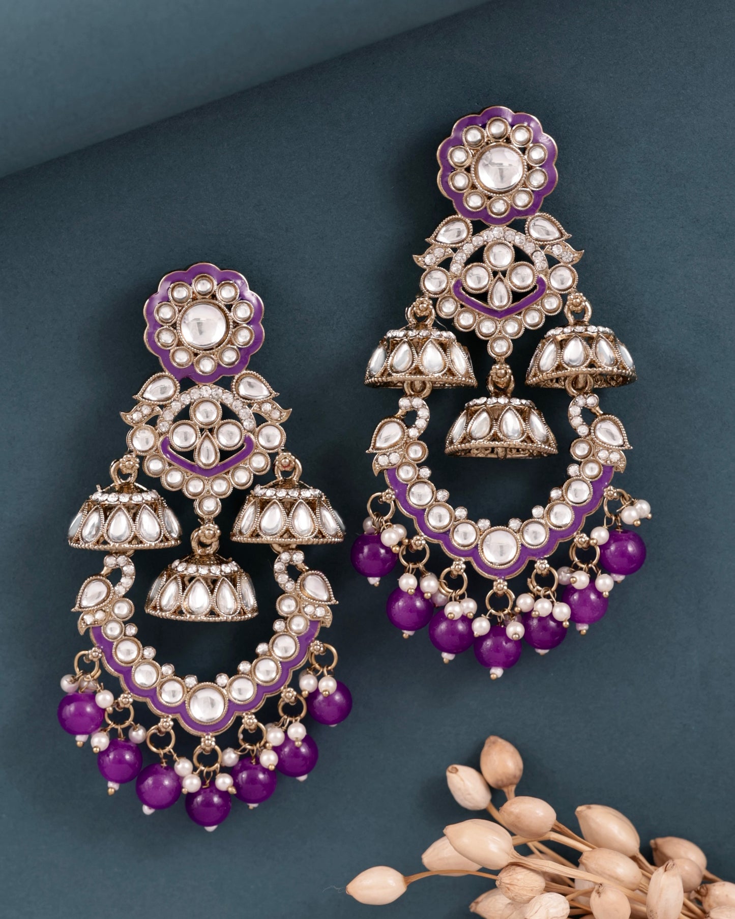 Purple Taha Meenakari Zircon Jhumki Earring