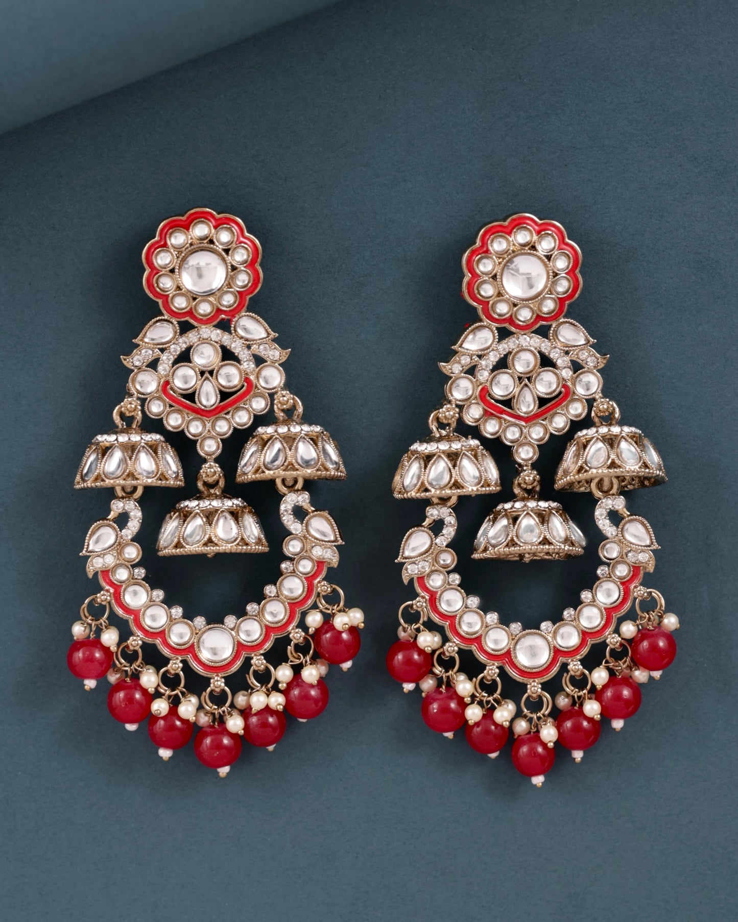 Red Taha Meenakari Zircon Jhumki Earring