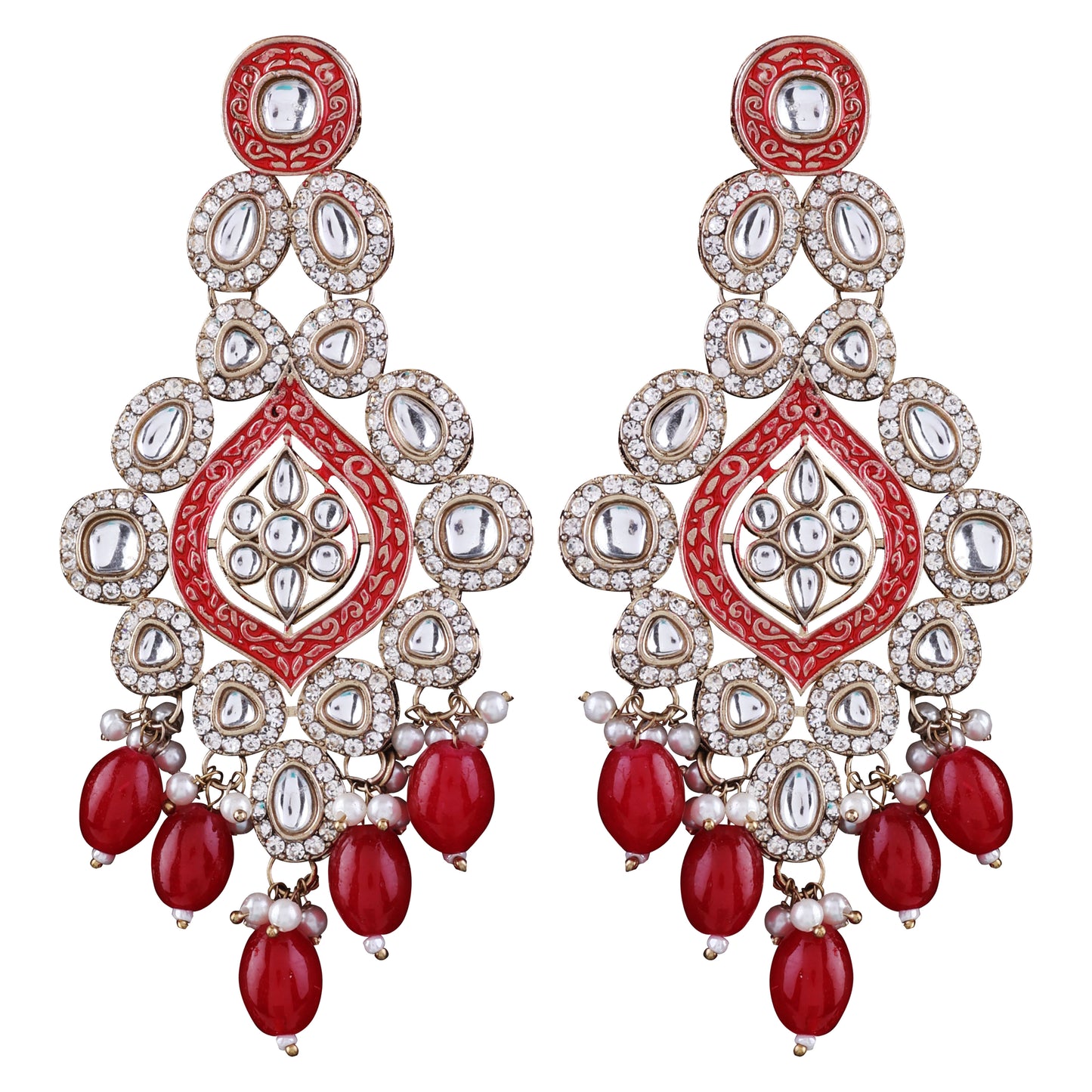 Red Pashmeena Designer Kundan Meena Earring