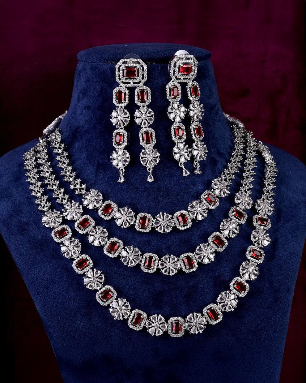Wine Salina 3 Layer American Diamond Necklace Set