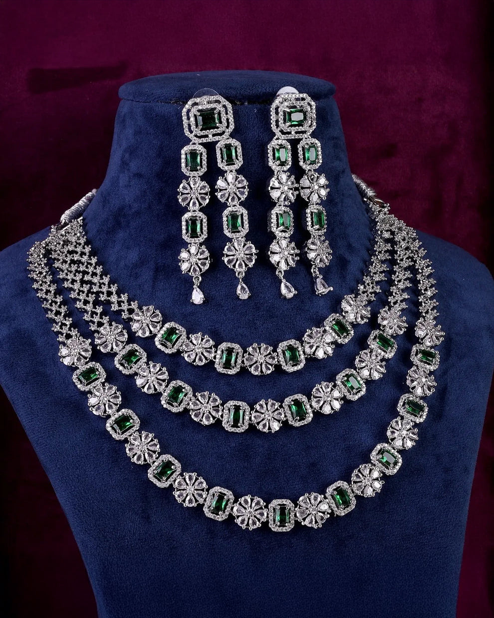 Emerald Salina 3 Layer American Diamond Necklace Set