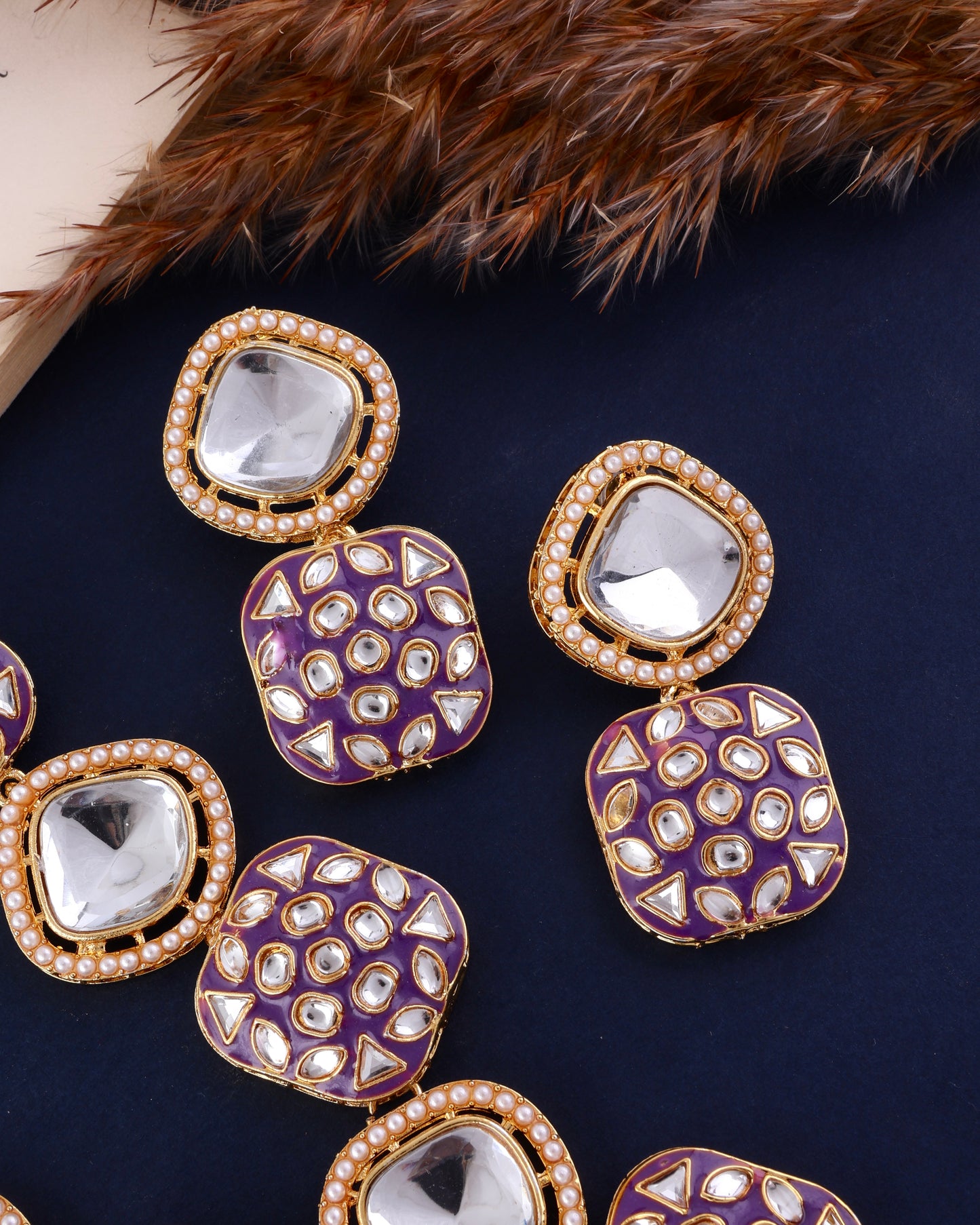 Purple Harleen Meenakari Long Necklace Set with Teeka and Earring