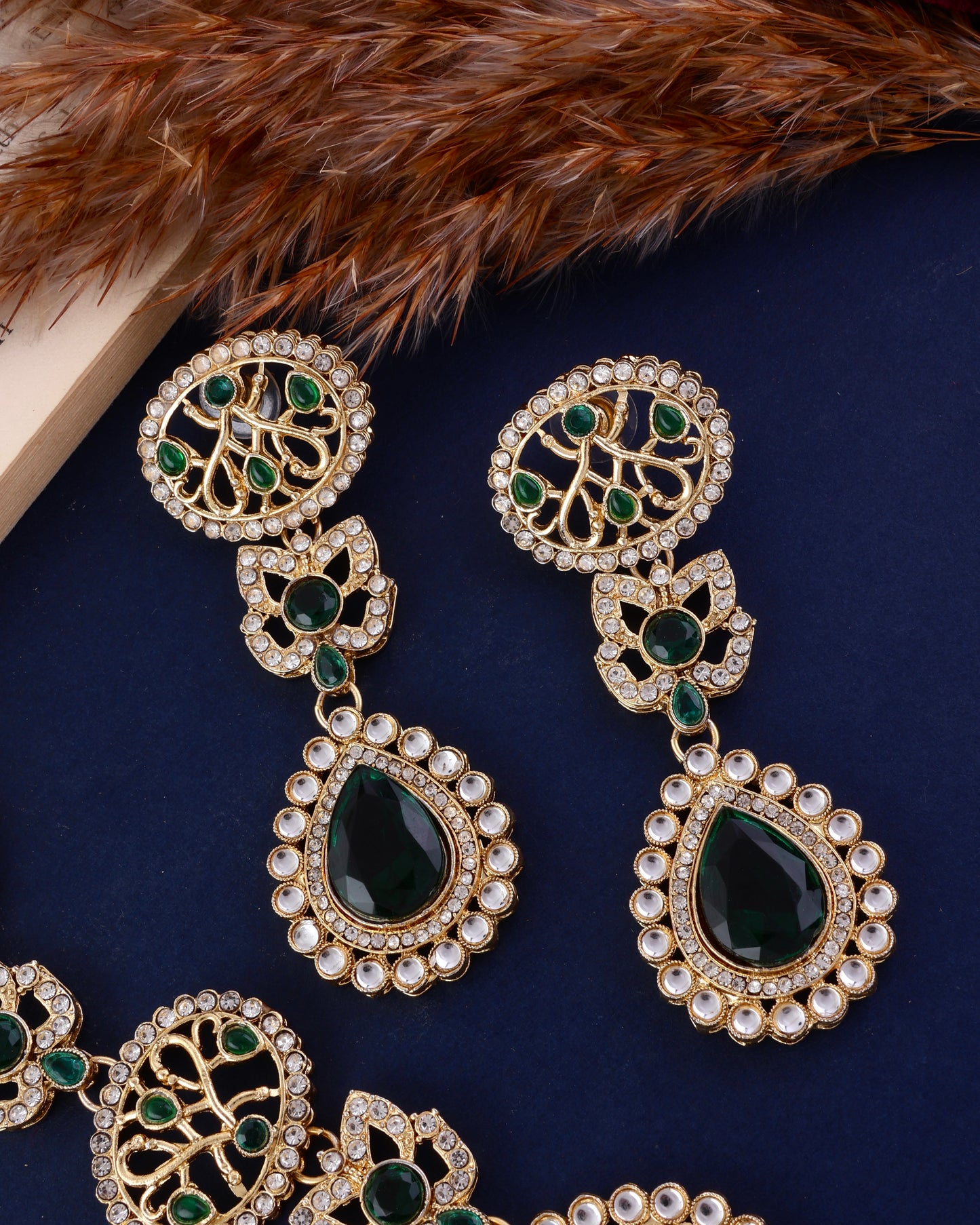 Green Zivah Long Necklace Set with Earring and Teeka