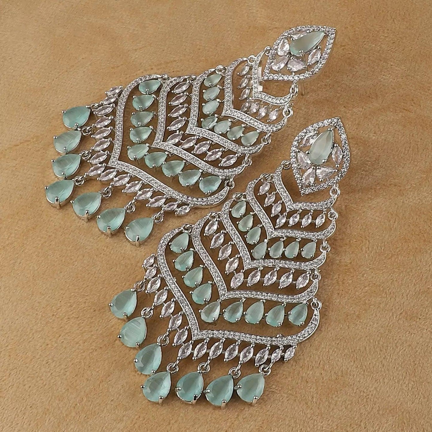Silver with Mint Debora AD Chandbali