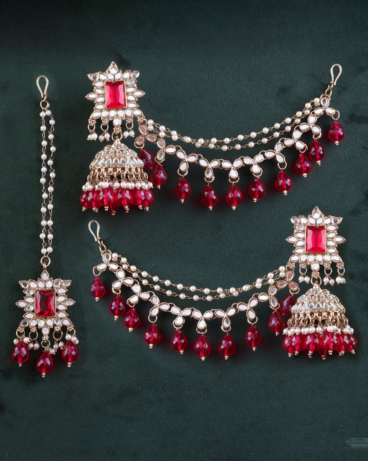 Pink Kaur Mirror Bahubali Jhumka with Statement Kaan Chain and Teeka
