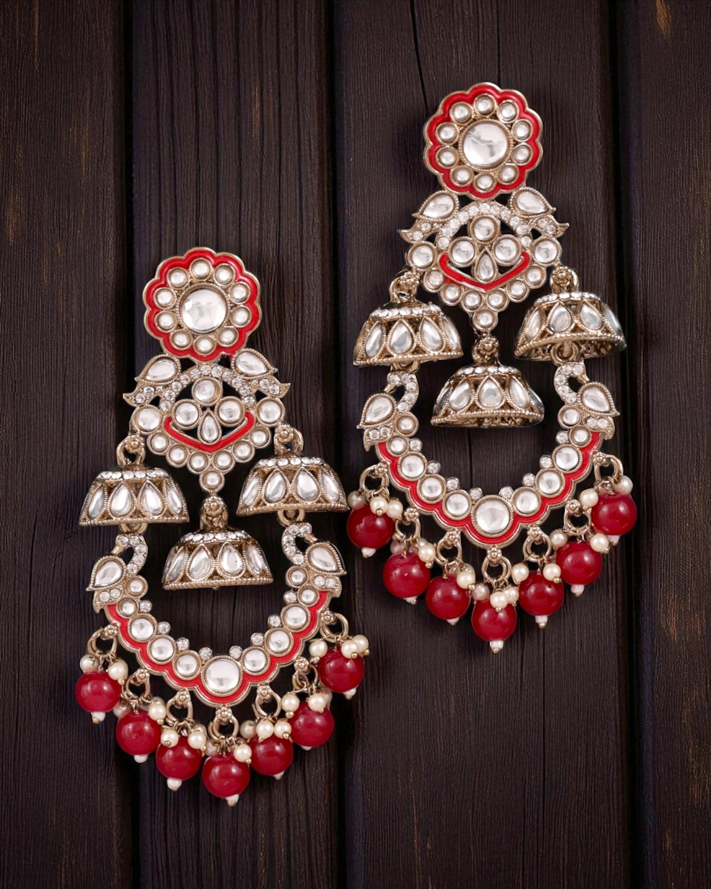 Red Taha Meenakari Zircon Jhumki Earring