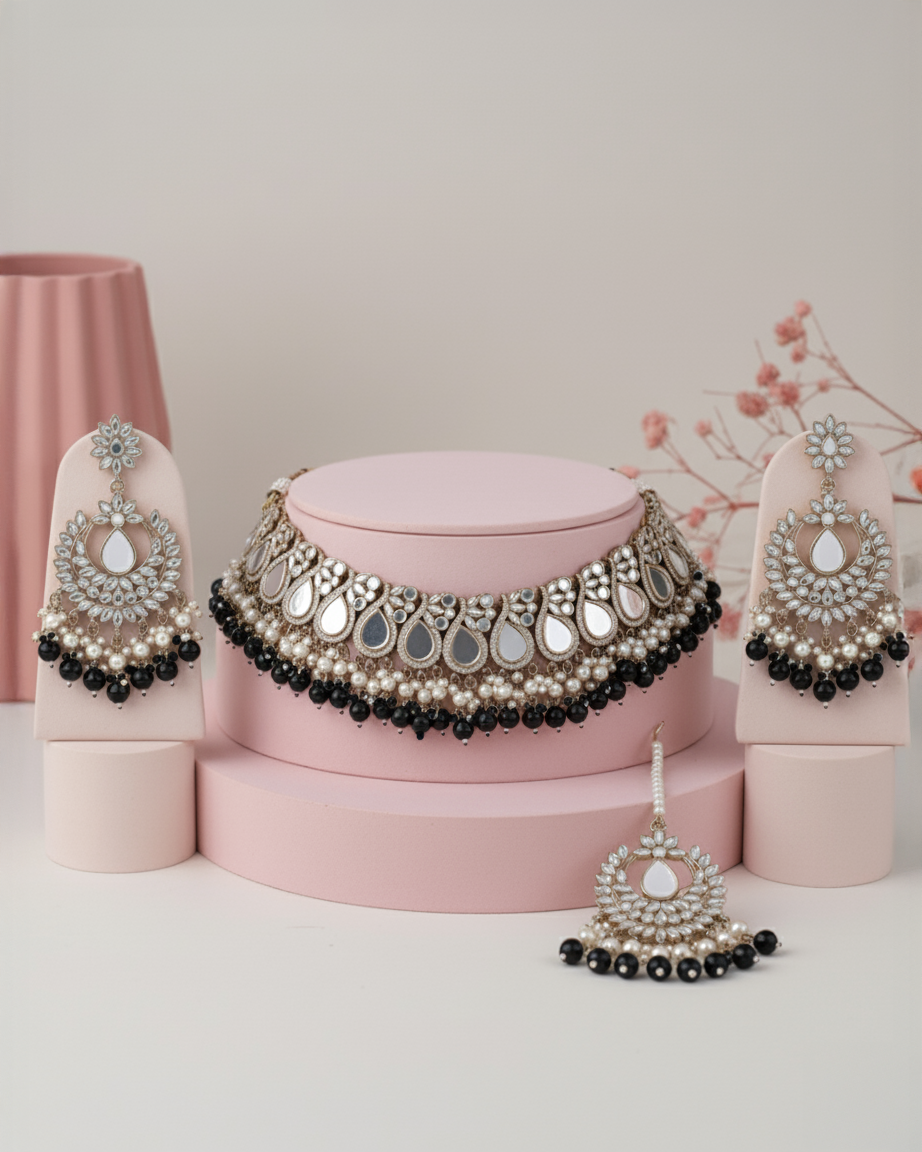 Black Sehnaz Mirror Necklace Earring & Maangteeka