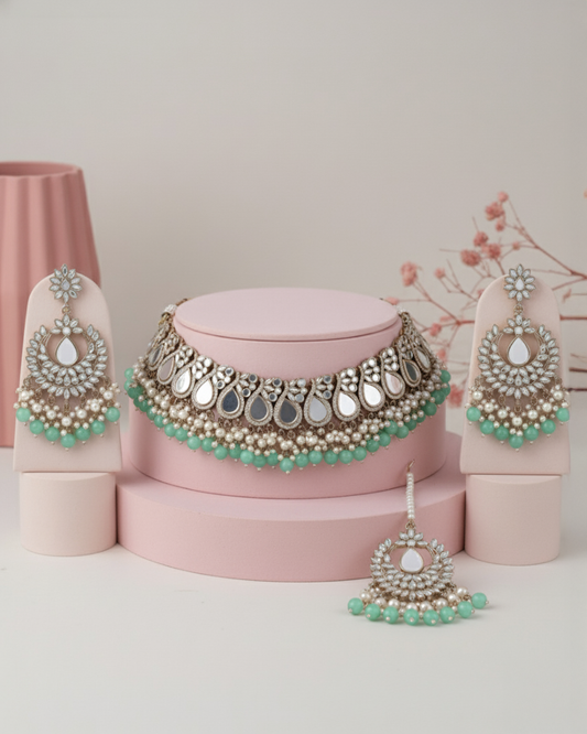 Mint Sehnaz Mirror Necklace Earring & Maangteeka