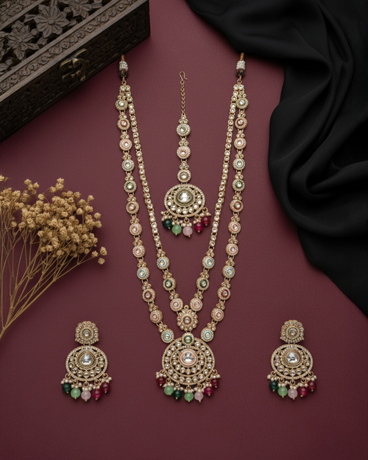 Multi Safiya Premium Long Meenakari detailed Necklace with EarringĀ andĀ Teeka