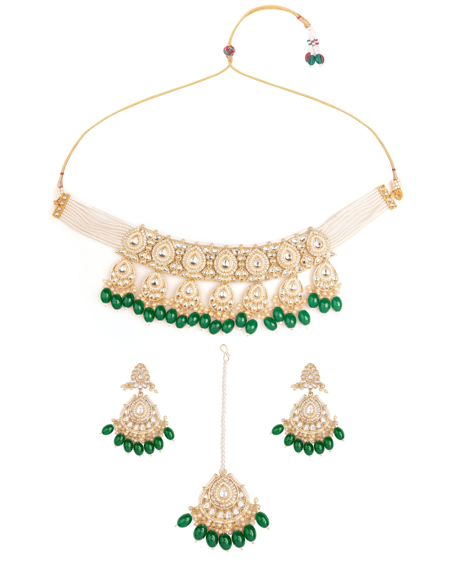 Green Devika Kundan Necklace Set with Chandbali Earring and Mangteeka