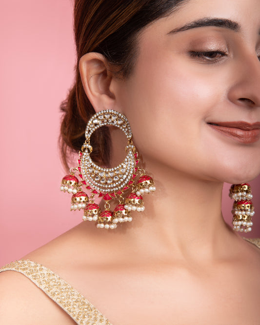Red Anvika Desginer Meenakari Chandbali Jhumki Earring