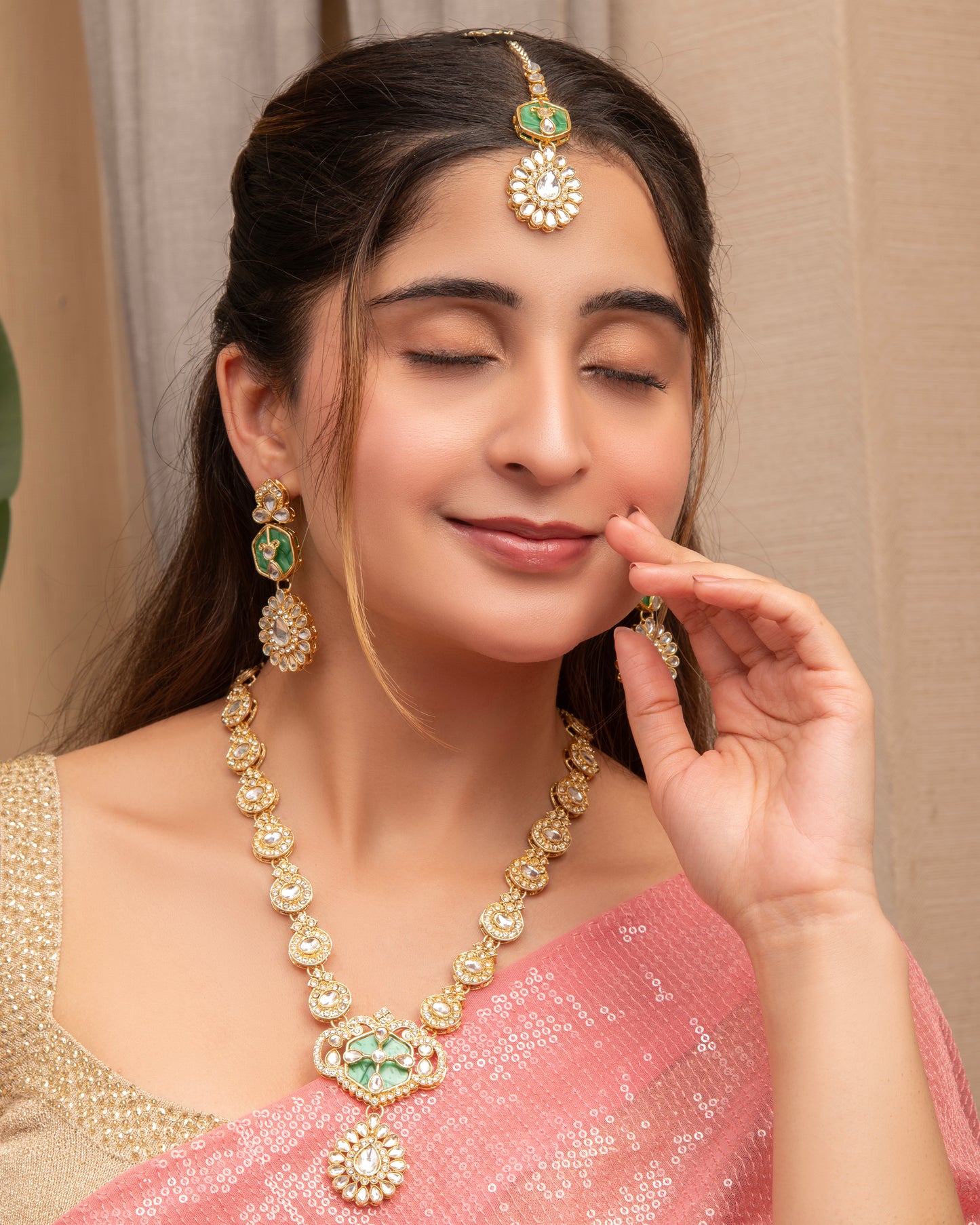 Green Vrinda Long Necklace Set with Earring and Teeka