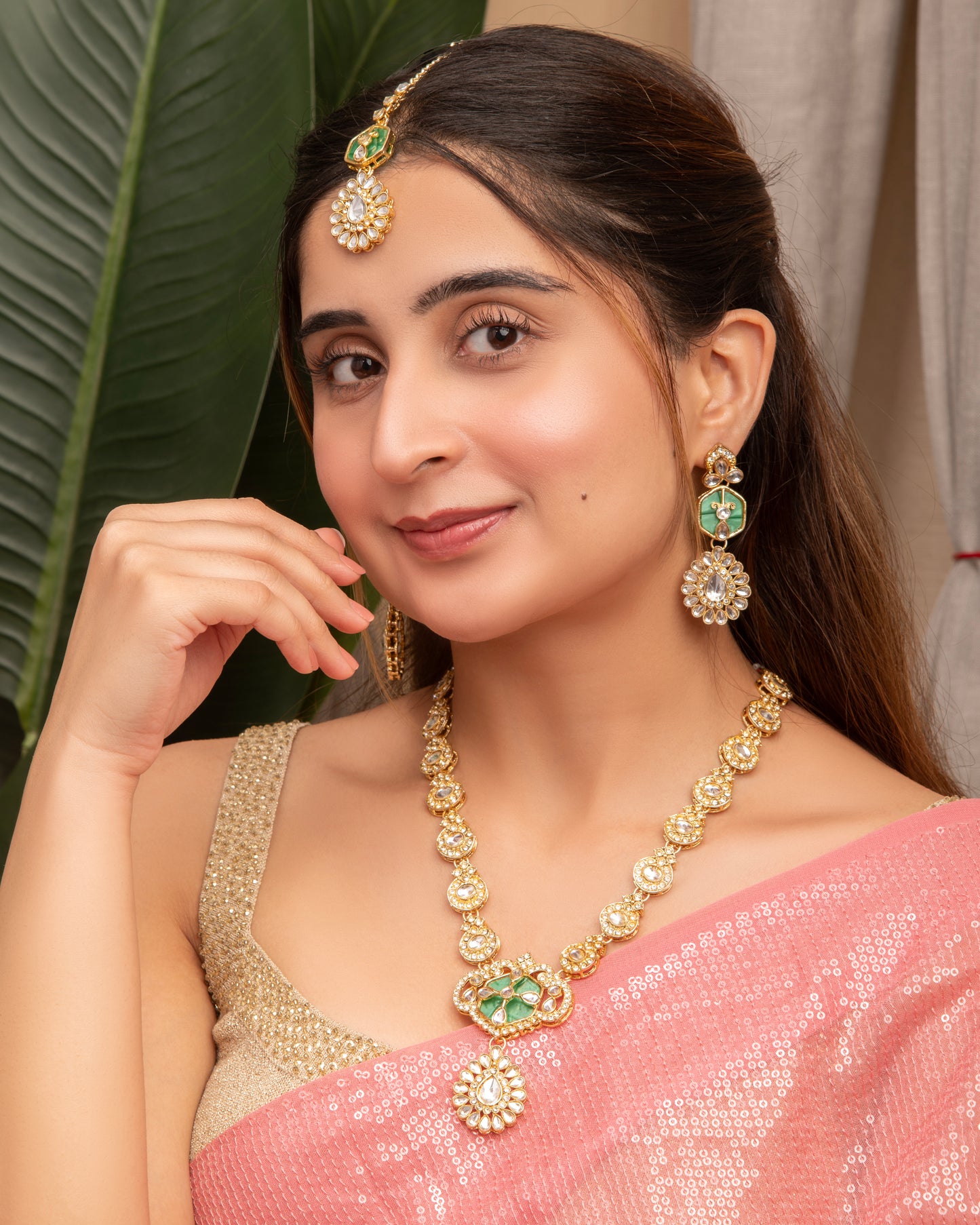 Green Vrinda Long Necklace Set with Earring and Teeka