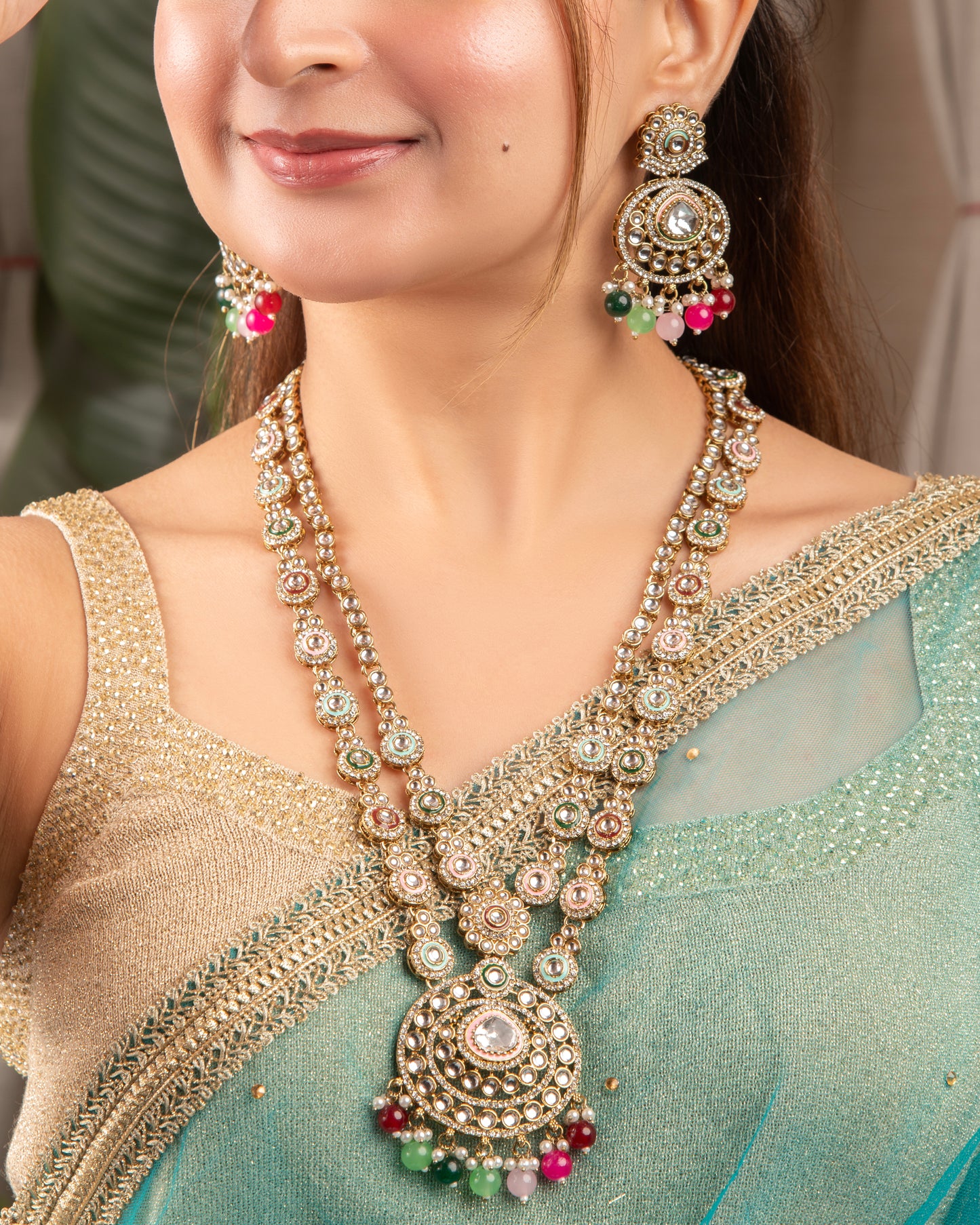 Multi Safiya Premium Long Meenakari detailed Necklace with Earring and Teeka