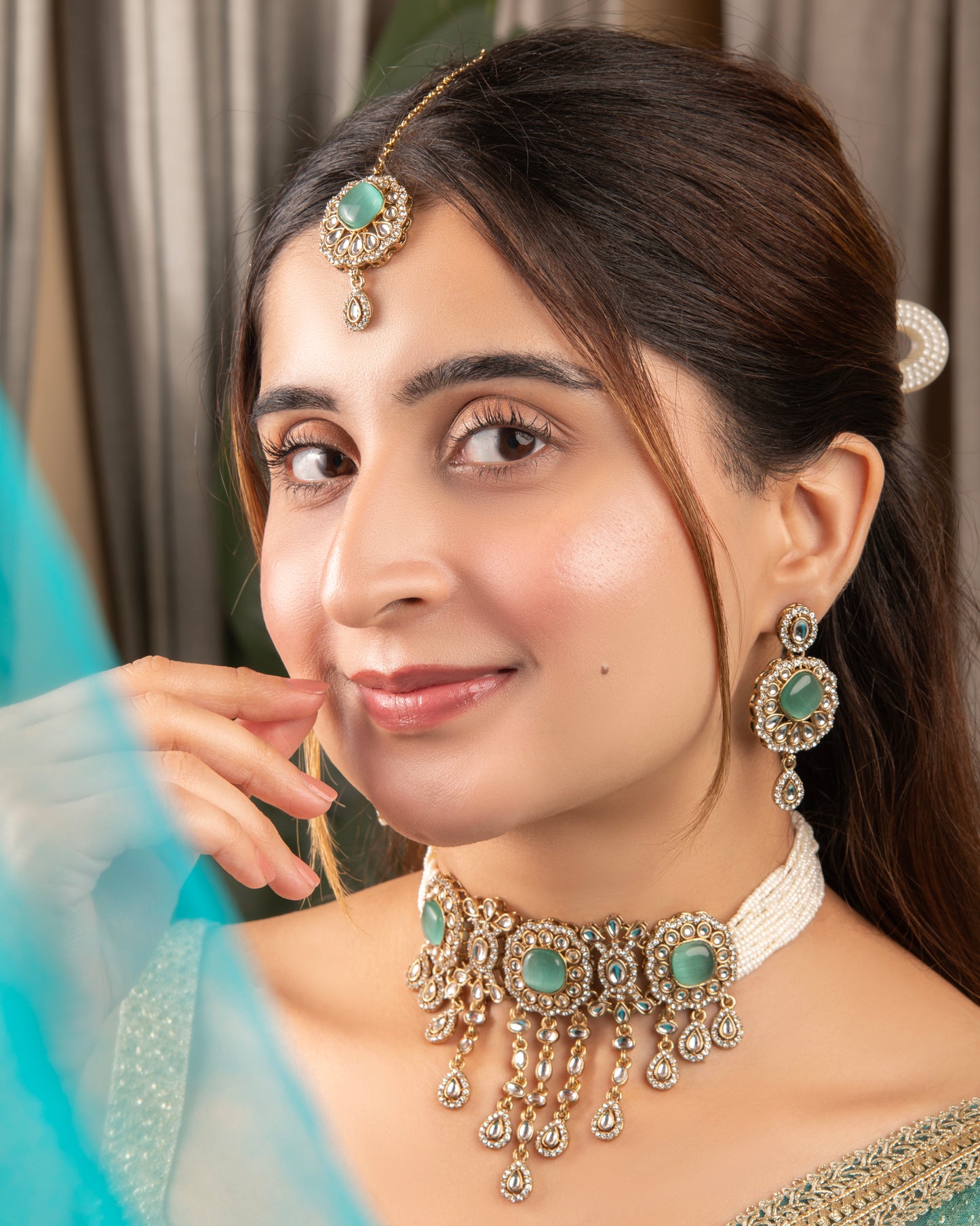 Mint Green Meher Premium Necklace with Earring and Mangteeka